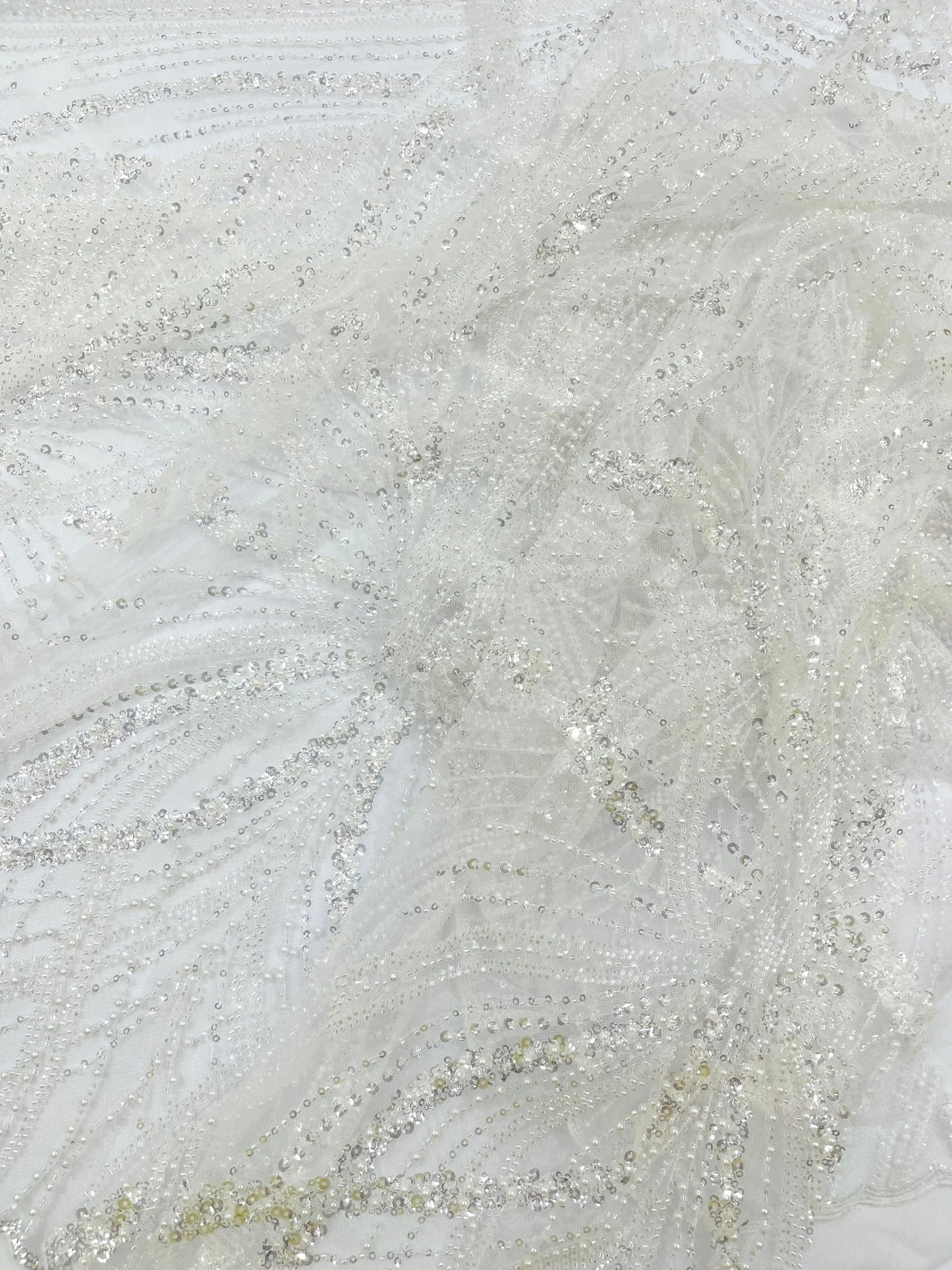 Palm Beaded Lace Fabric| Heavy Embroidered Design on 58" Mesh for Dresses - New Creations Fabric & Foam Inc
