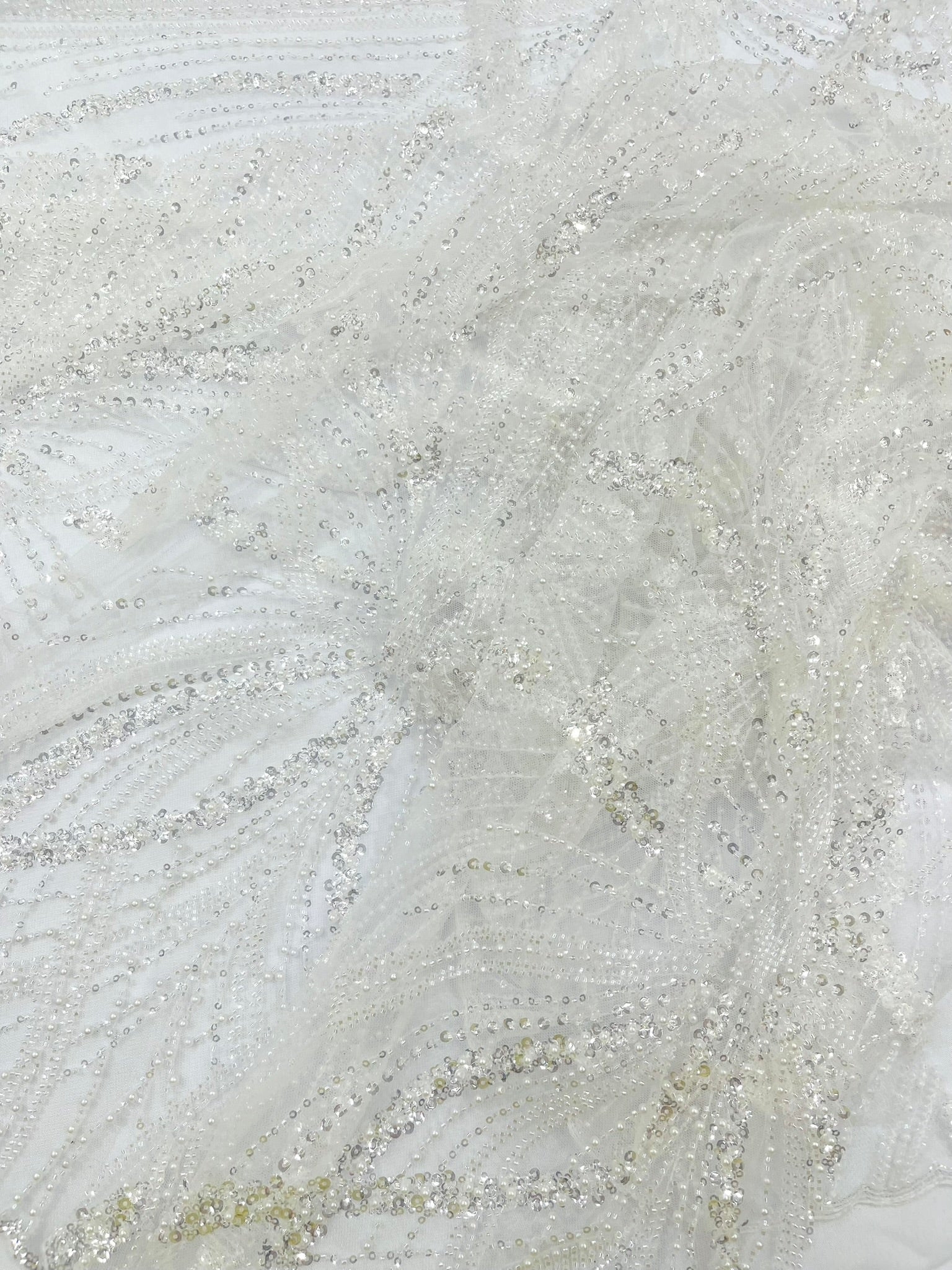Palm Beaded Lace Fabric| Heavy Embroidered Design on 58" Mesh for Dresses - New Creations Fabric & Foam Inc