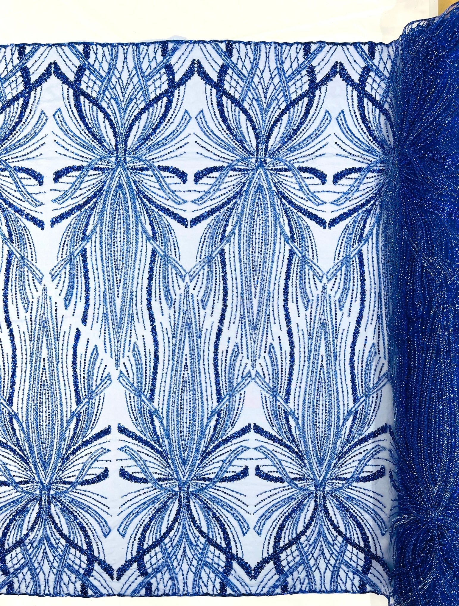 Palm Beaded Lace Fabric| Heavy Embroidered Design on 58" Mesh for Dresses - New Creations Fabric & Foam Inc
