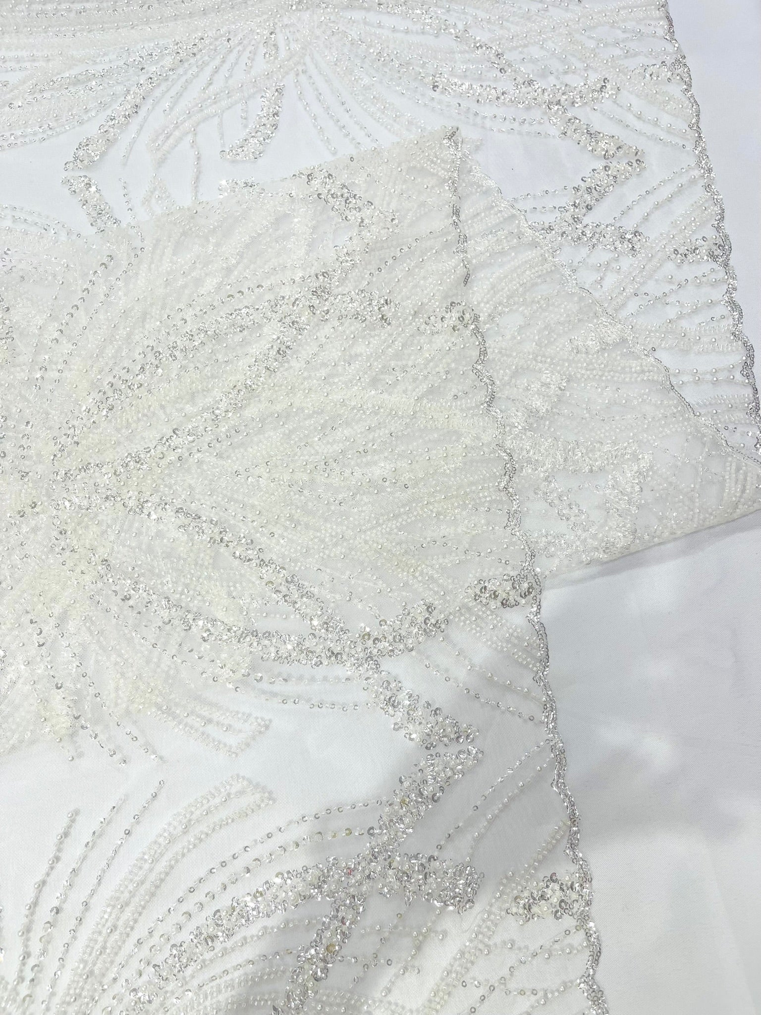Palm Beaded Lace Fabric| Heavy Embroidered Design on 58" Mesh for Dresses - New Creations Fabric & Foam Inc