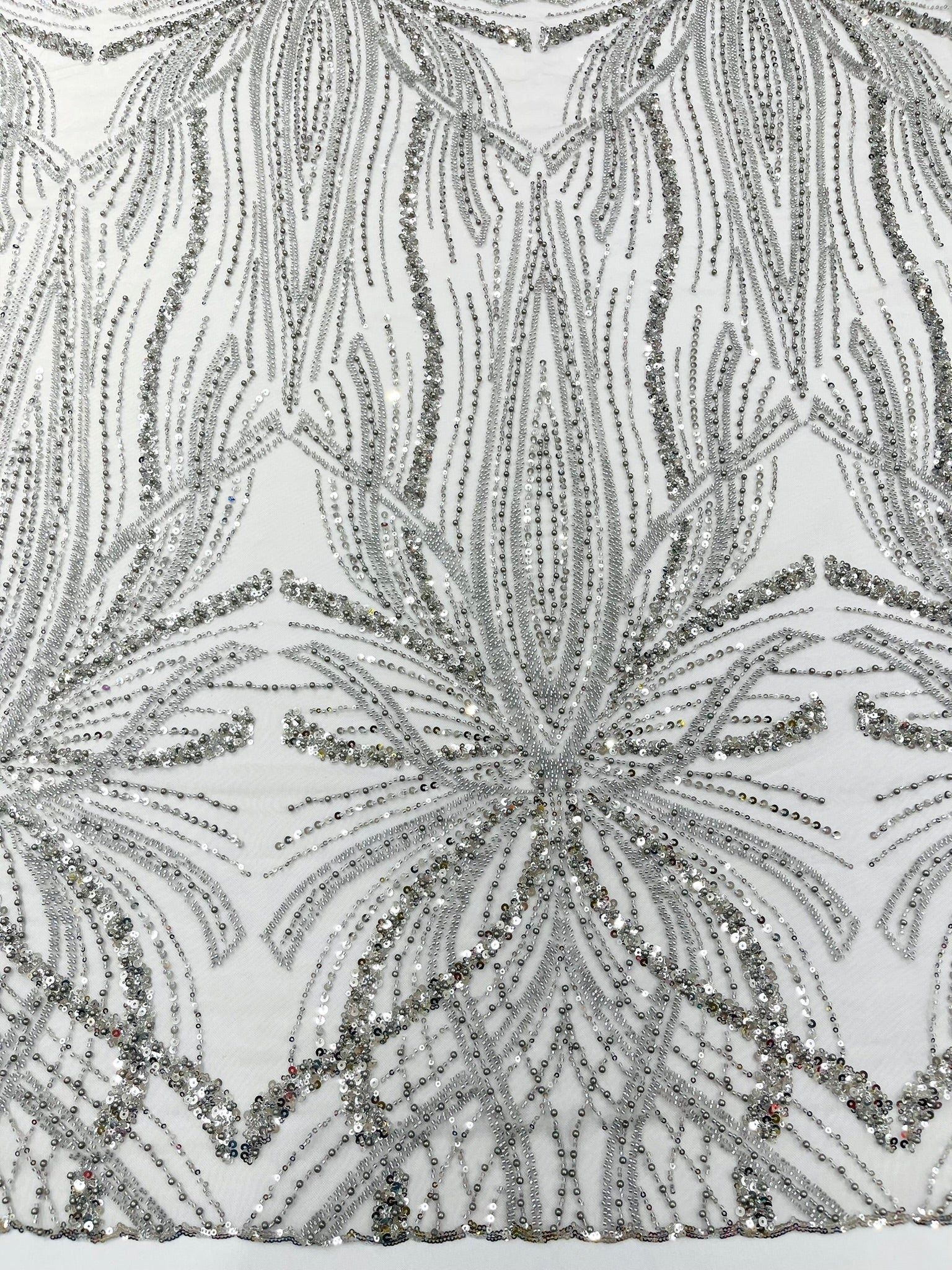 Palm Beaded Lace Fabric| Heavy Embroidered Design on 58" Mesh for Dresses - New Creations Fabric & Foam Inc