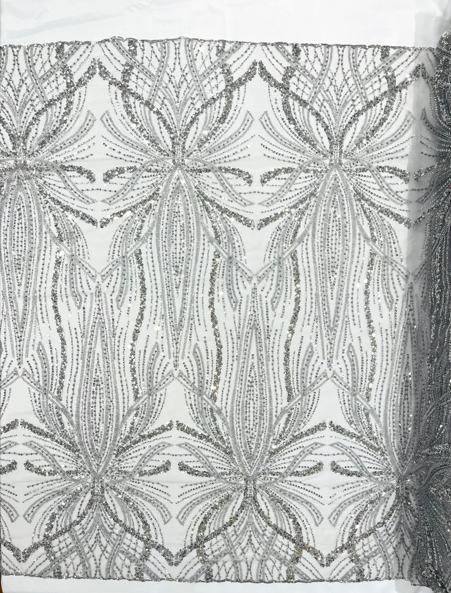 Palm Beaded Lace Fabric| Heavy Embroidered Design on 58" Mesh for Dresses - New Creations Fabric & Foam Inc