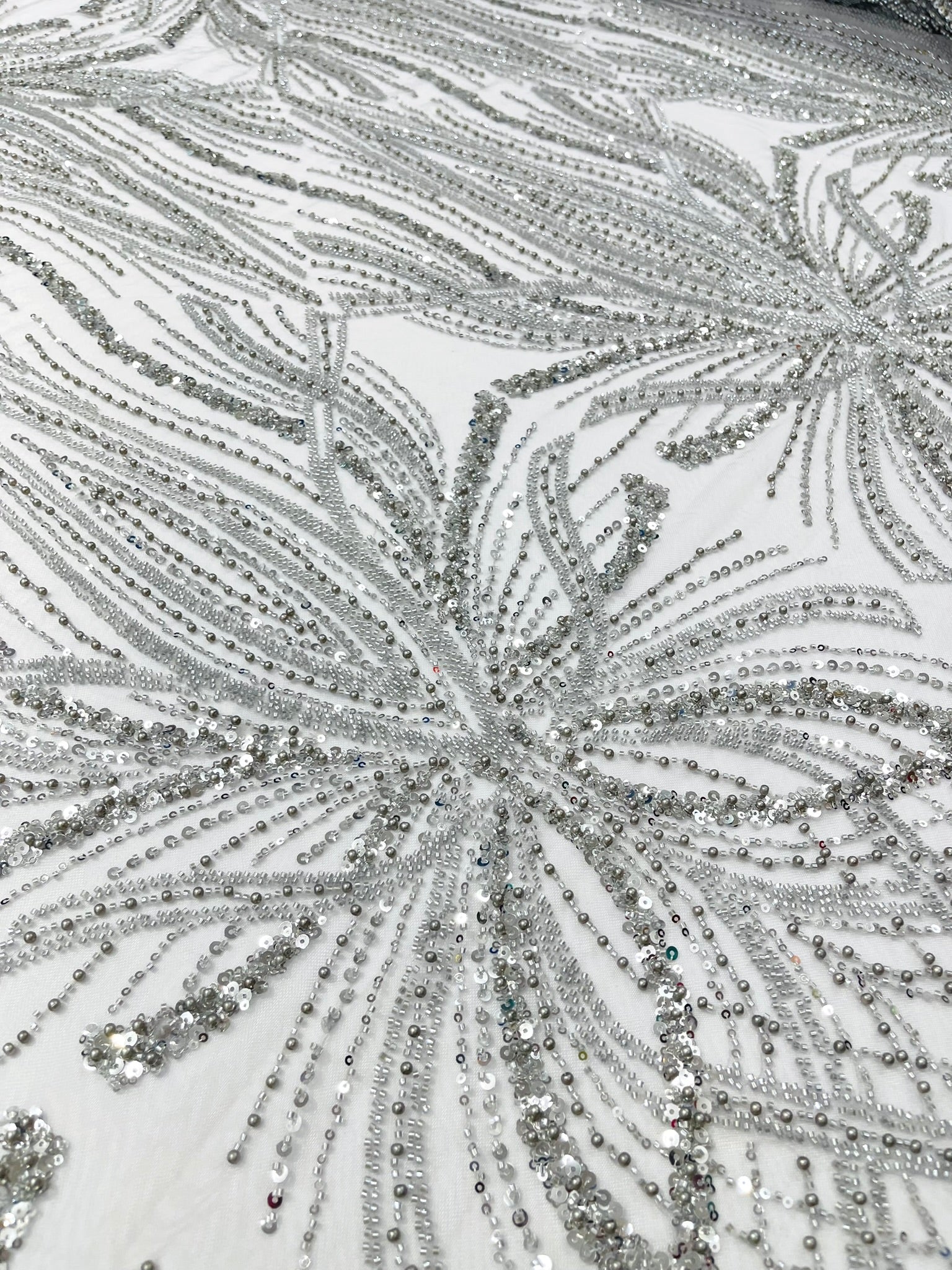 Palm Beaded Lace Fabric| Heavy Embroidered Design on 58" Mesh for Dresses - New Creations Fabric & Foam Inc