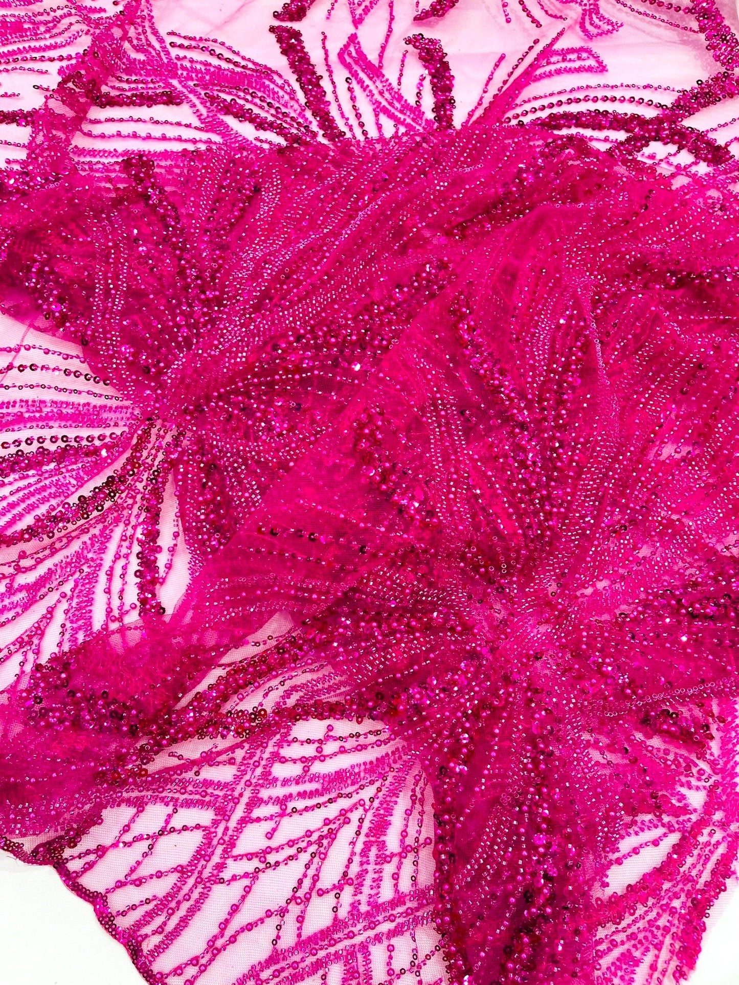 Palm Beaded Lace Fabric| Heavy Embroidered Design on 58" Mesh for Dresses - New Creations Fabric & Foam Inc