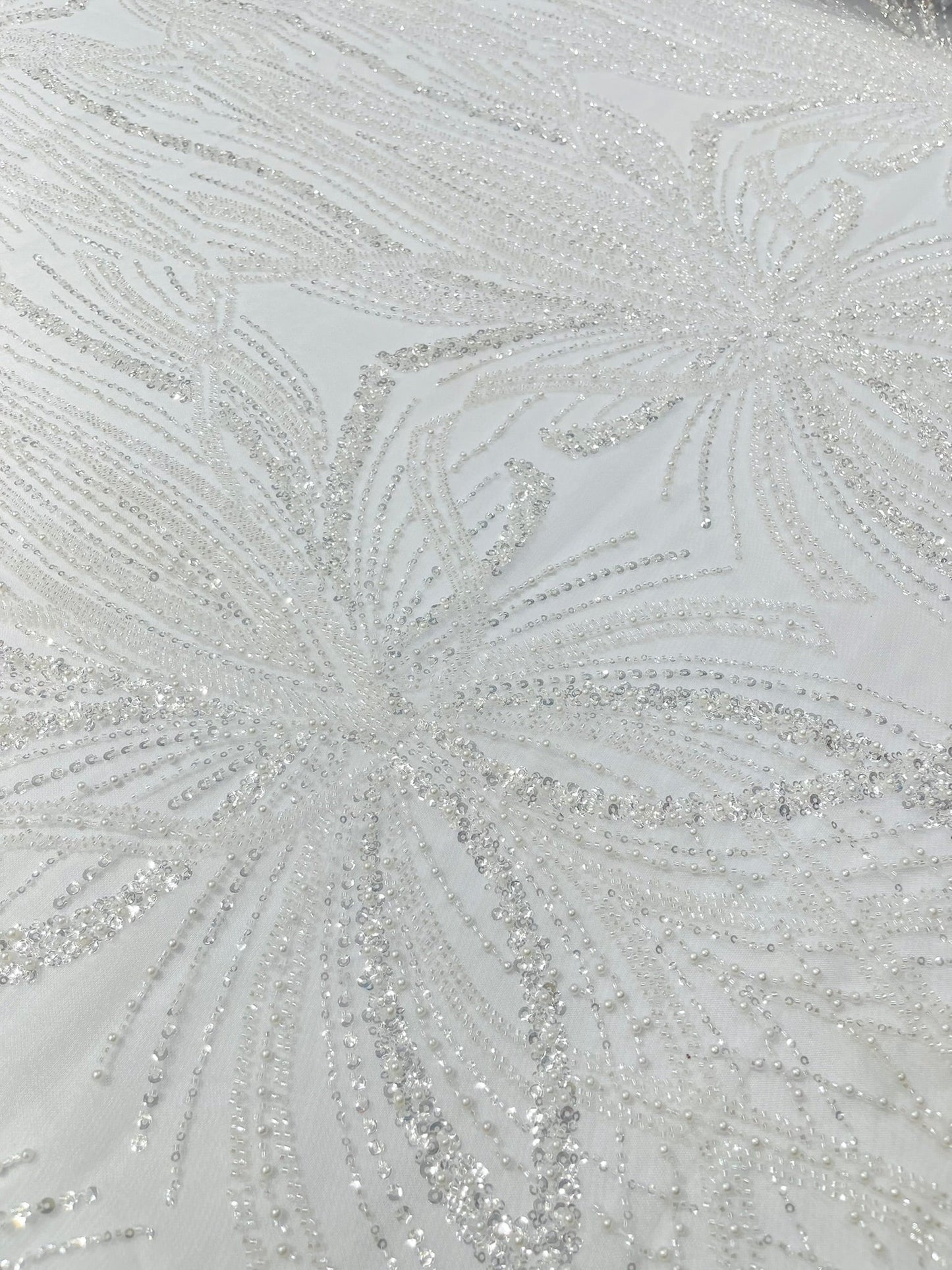 Palm Beaded Lace Fabric| Heavy Embroidered Design on 58" Mesh for Dresses - New Creations Fabric & Foam Inc