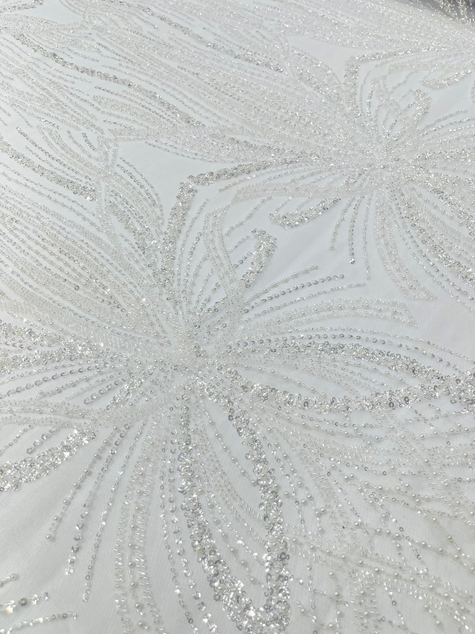 Palm Beaded Lace Fabric| Heavy Embroidered Design on 58" Mesh for Dresses - New Creations Fabric & Foam Inc
