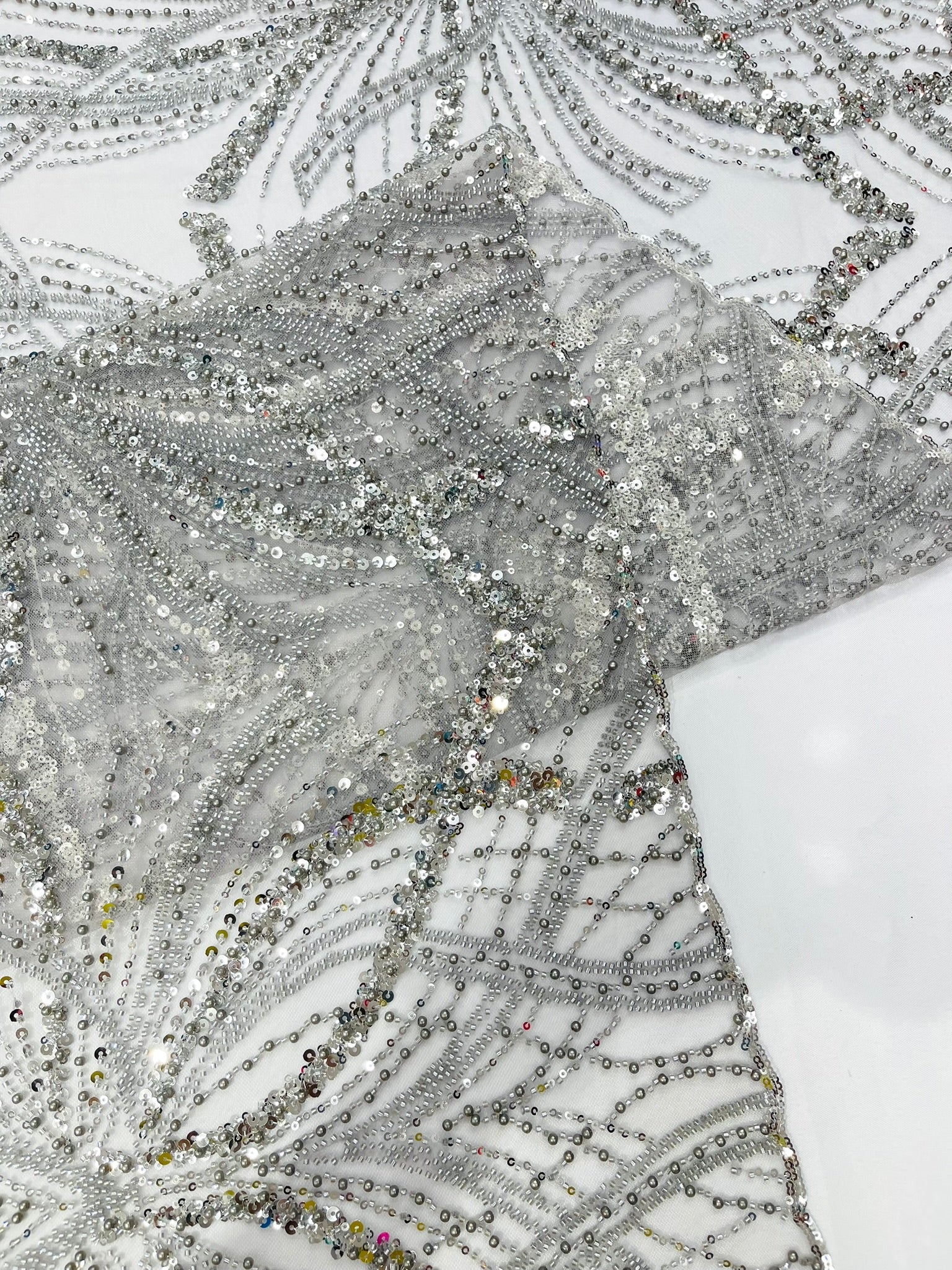 Palm Beaded Lace Fabric| Heavy Embroidered Design on 58" Mesh for Dresses - New Creations Fabric & Foam Inc