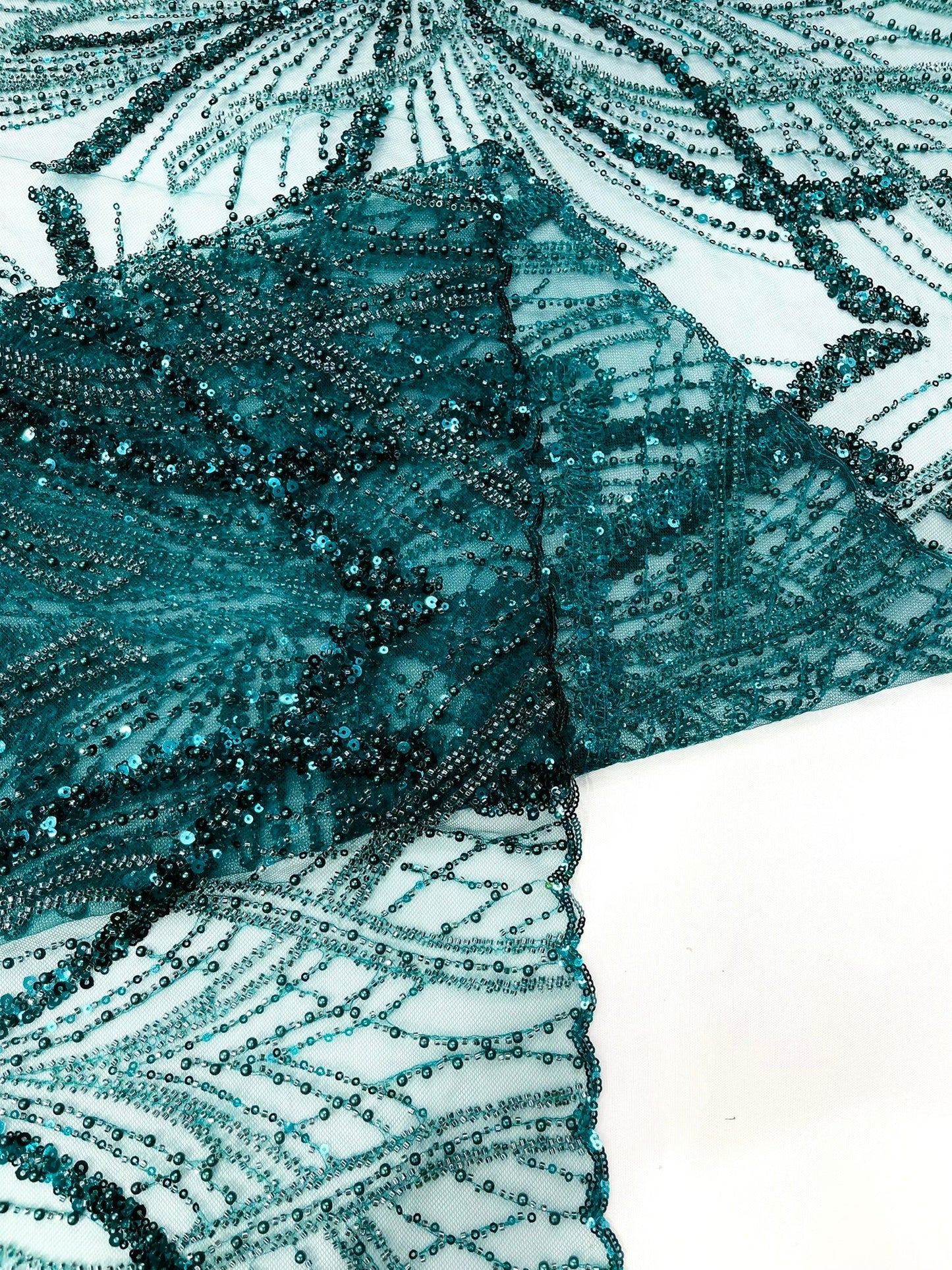 Palm Beaded Lace Fabric| Heavy Embroidered Design on 58" Mesh for Dresses - New Creations Fabric & Foam Inc