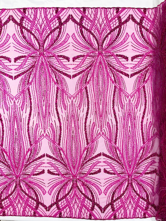 Palm Beaded Lace Fabric| Heavy Embroidered Design on 58" Mesh for Dresses - New Creations Fabric & Foam Inc