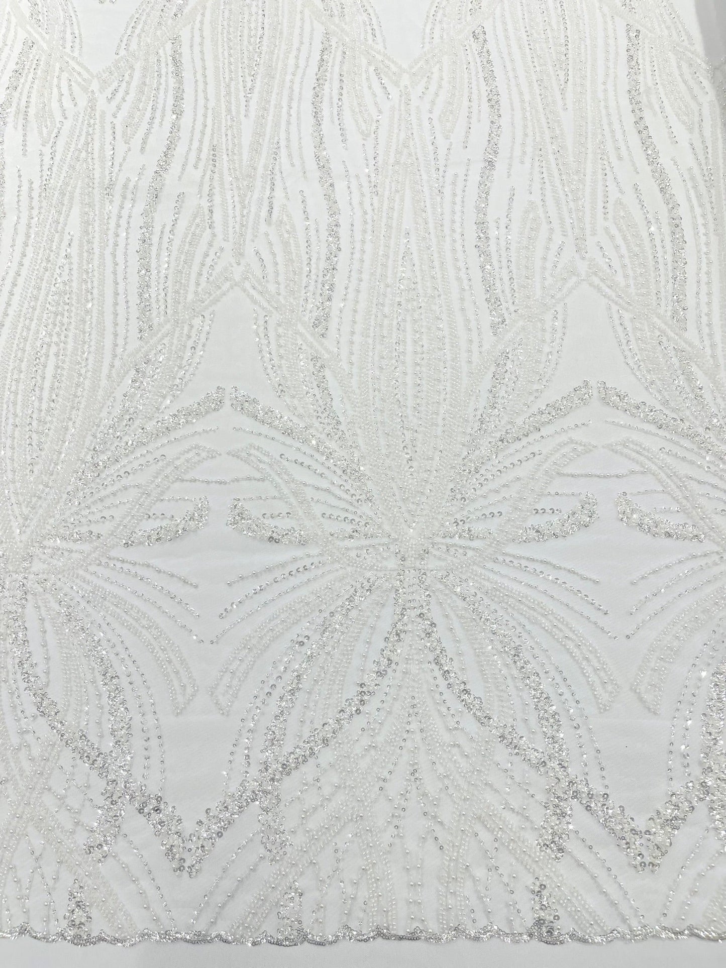 Palm Beaded Lace Fabric| Heavy Embroidered Design on 58" Mesh for Dresses - New Creations Fabric & Foam Inc