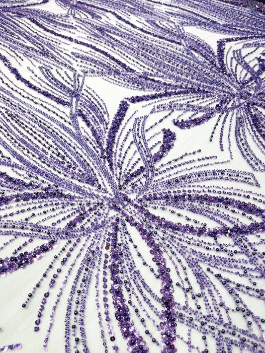 Palm Beaded Lace Fabric| Heavy Embroidered Design on 58" Mesh for Dresses - New Creations Fabric & Foam Inc