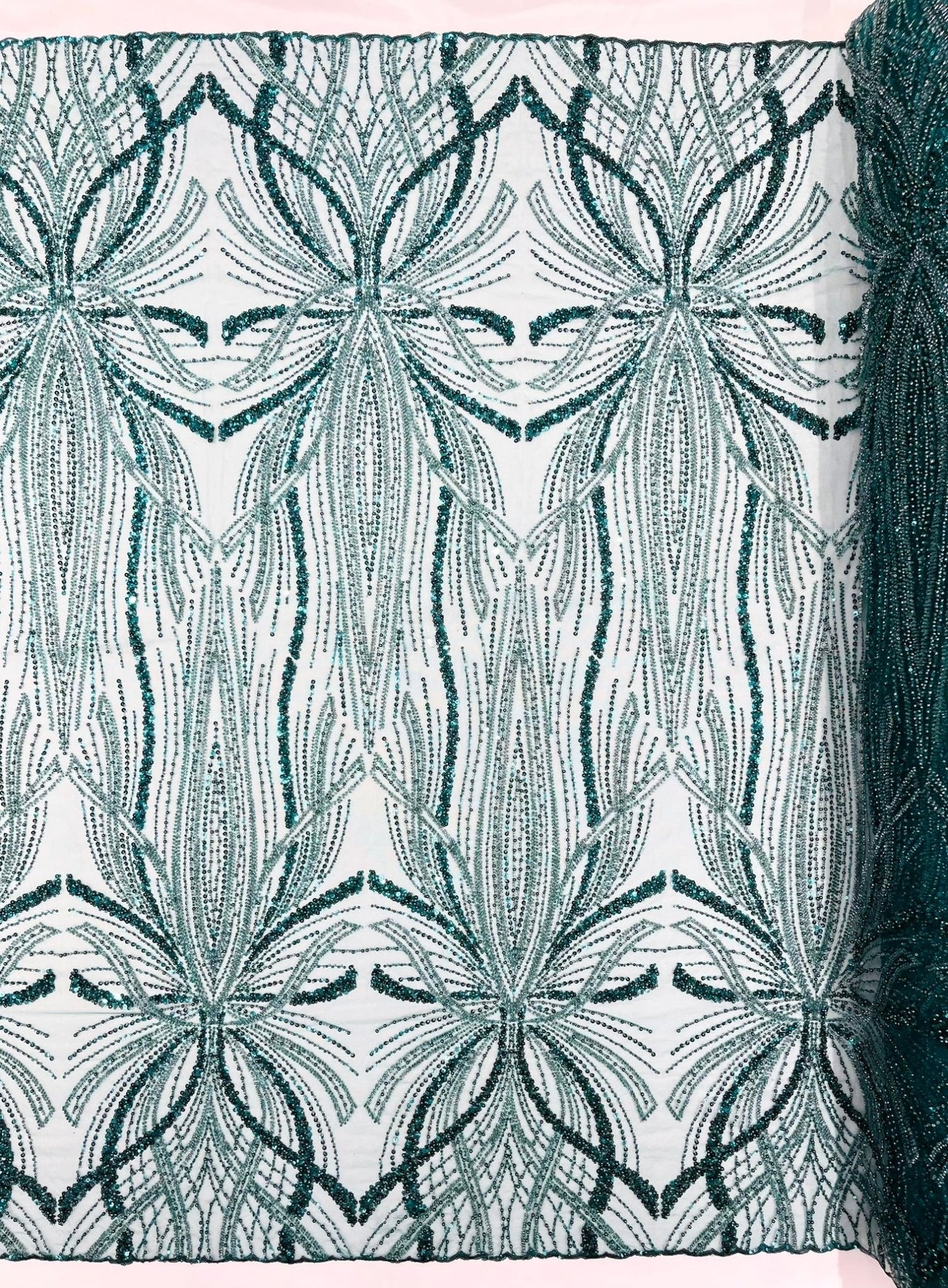 Palm Beaded Lace Fabric| Heavy Embroidered Design on 58" Mesh for Dresses - New Creations Fabric & Foam Inc