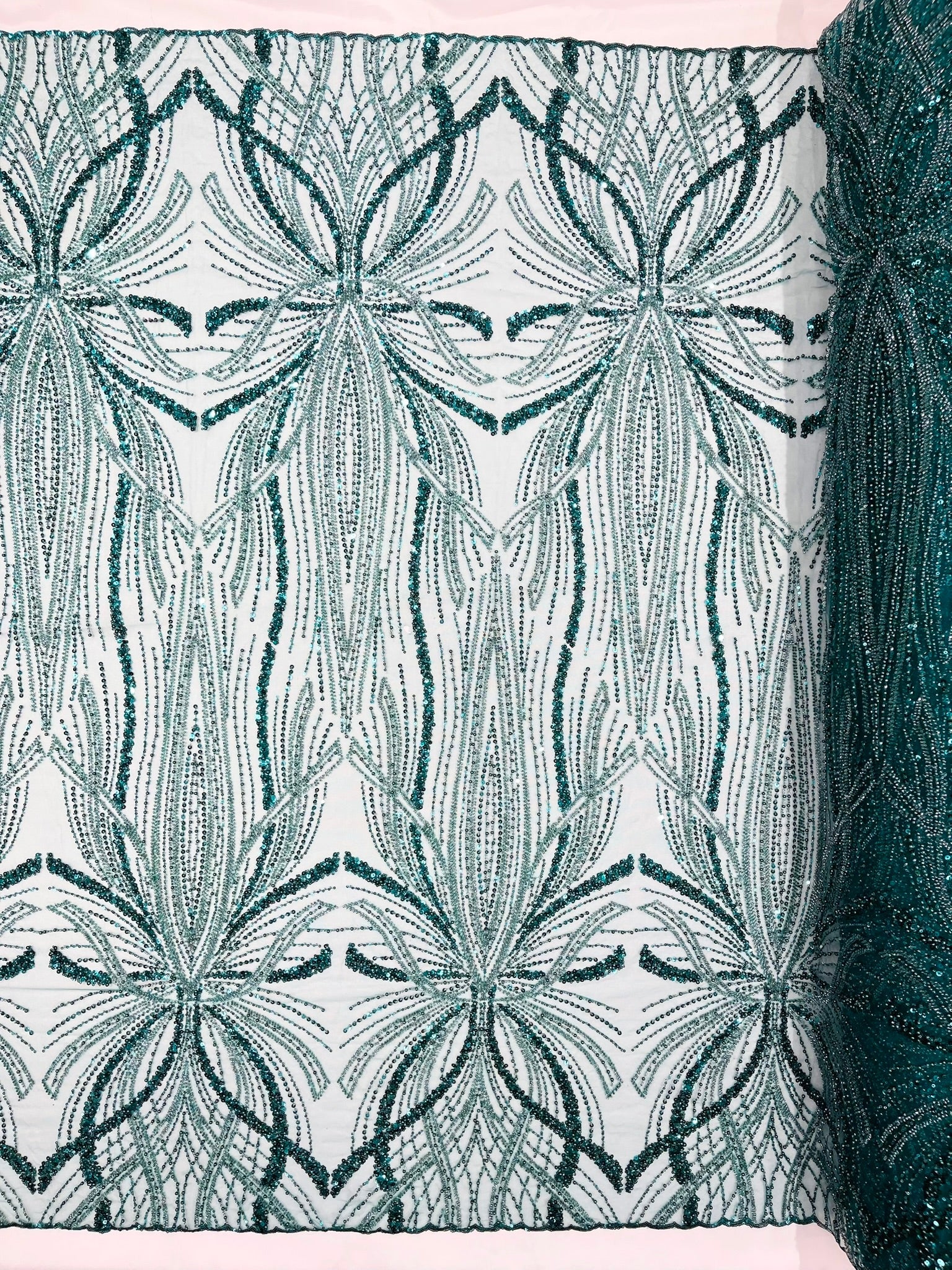 Palm Beaded Lace Fabric| Heavy Embroidered Design on 58" Mesh for Dresses - New Creations Fabric & Foam Inc
