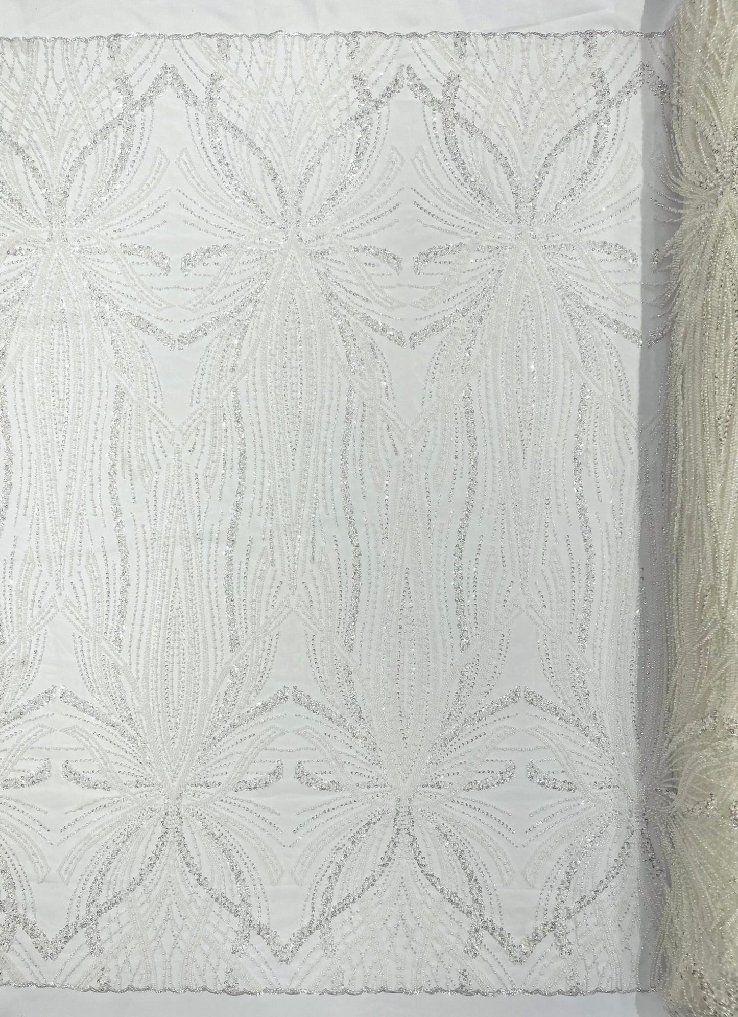 Palm Beaded Lace Fabric| Heavy Embroidered Design on 58" Mesh for Dresses - New Creations Fabric & Foam Inc