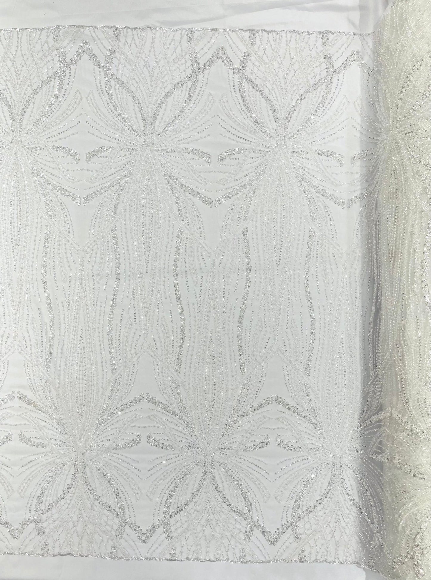 Palm Beaded Lace Fabric| Heavy Embroidered Design on 58" Mesh for Dresses - New Creations Fabric & Foam Inc