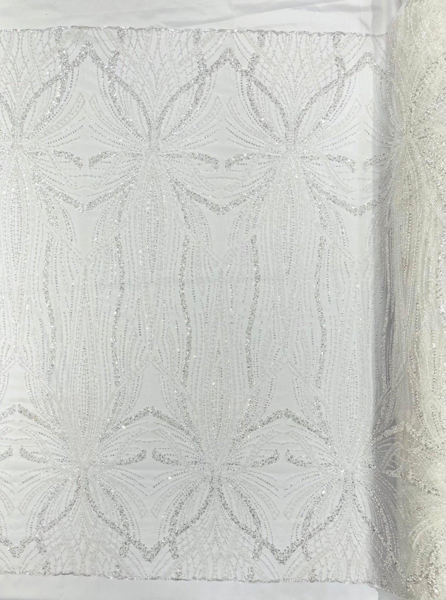 Palm Beaded Lace Fabric| Heavy Embroidered Design on 58" Mesh for Dresses - New Creations Fabric & Foam Inc
