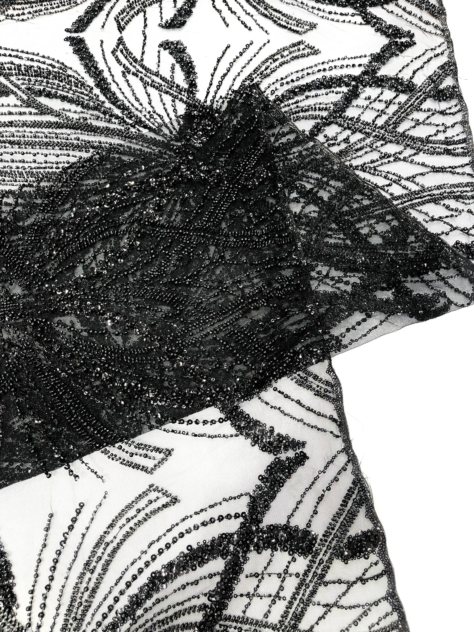 Palm Beaded Lace Fabric| Heavy Embroidered Design on 58" Mesh for Dresses - New Creations Fabric & Foam Inc