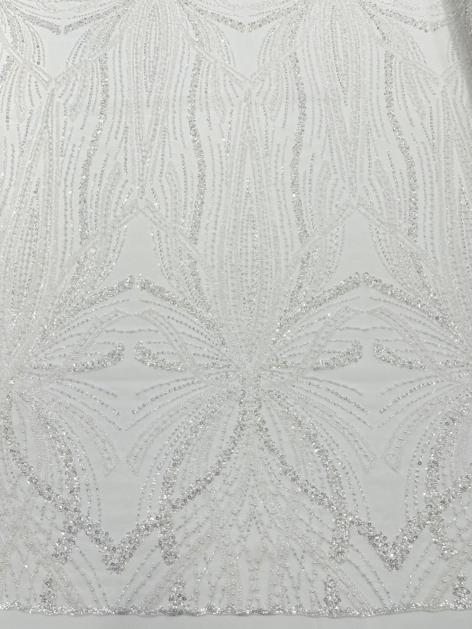 Palm Beaded Lace Fabric| Heavy Embroidered Design on 58" Mesh for Dresses - New Creations Fabric & Foam Inc