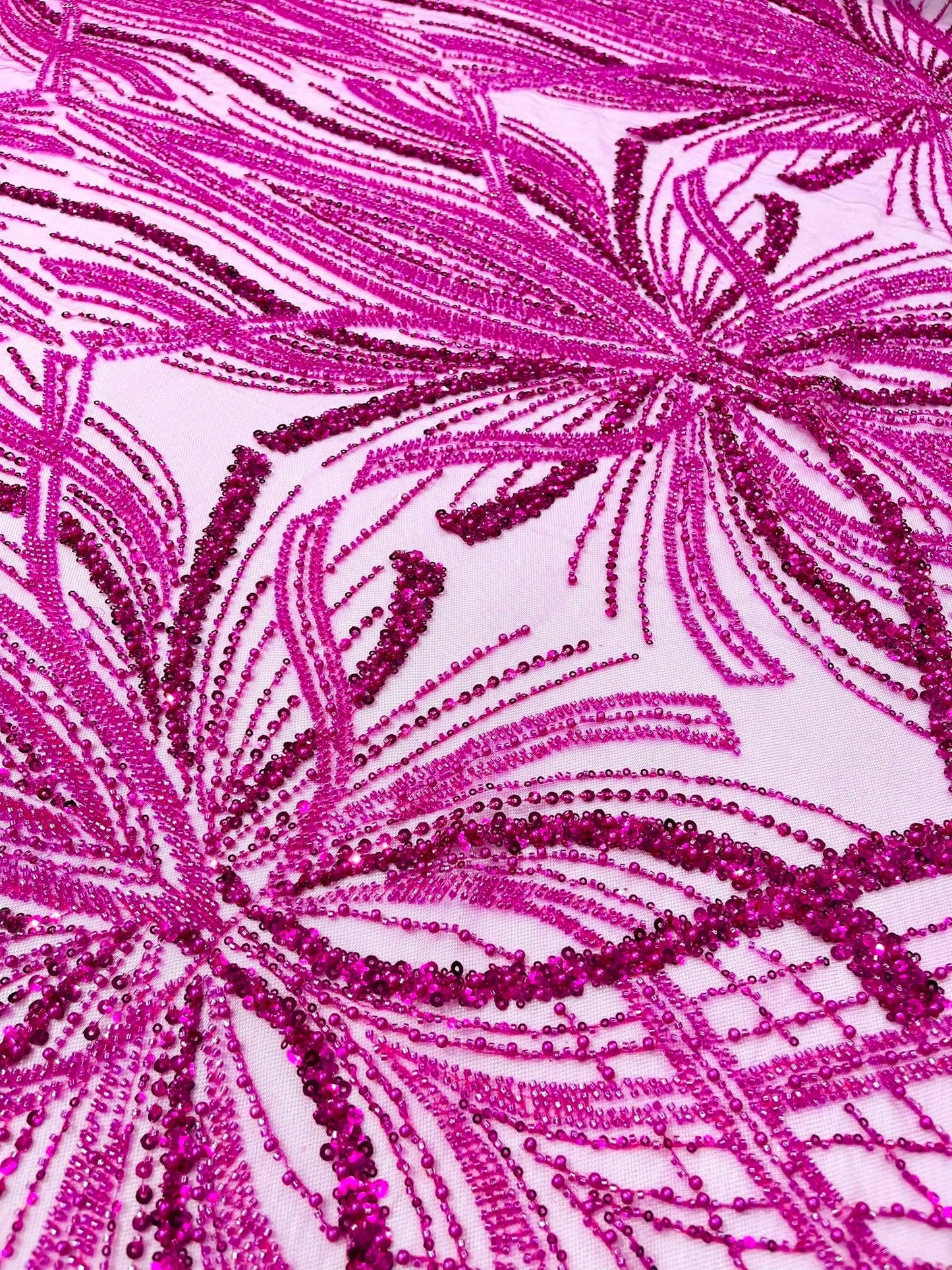 Palm Beaded Lace Fabric| Heavy Embroidered Design on 58" Mesh for Dresses - New Creations Fabric & Foam Inc
