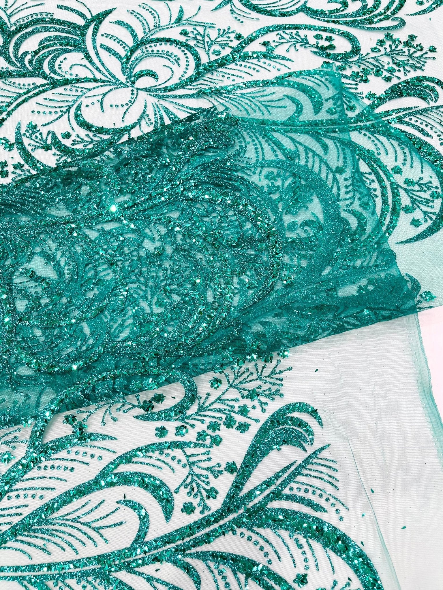Palm Vine Glitter Design On A Mesh Lace 54" Wide| New Creations Fabric & Foam Inc. - New Creations Fabric & Foam Inc