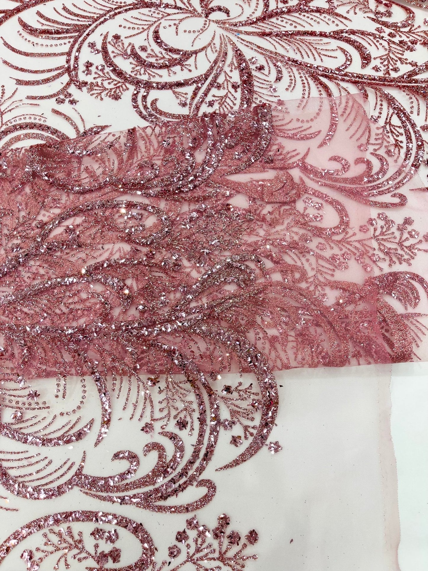 Palm Vine Glitter Design On A Mesh Lace 54" Wide| New Creations Fabric & Foam Inc. - New Creations Fabric & Foam Inc