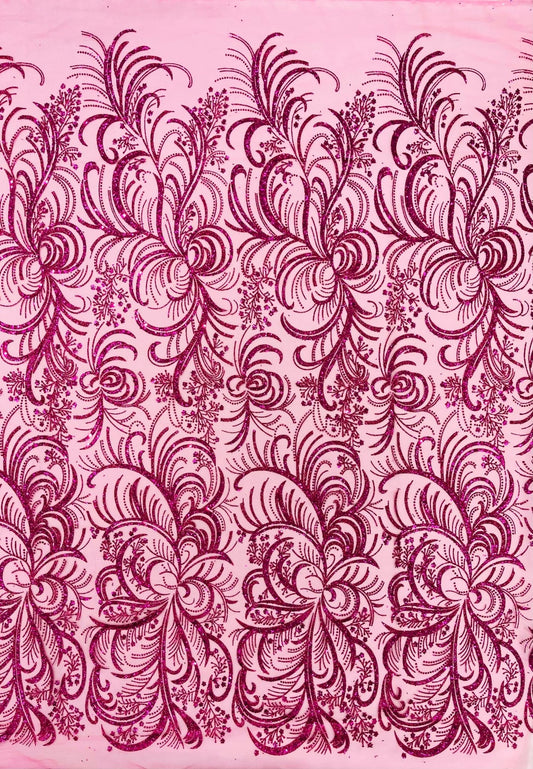 Palm Vine Glitter Design On A Mesh Lace 54" Wide| New Creations Fabric & Foam Inc. - New Creations Fabric & Foam Inc