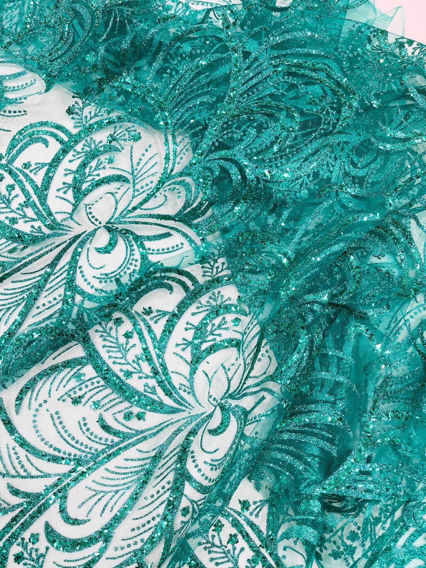 Palm Vine Glitter Design On A Mesh Lace 54" Wide| New Creations Fabric & Foam Inc. - New Creations Fabric & Foam Inc