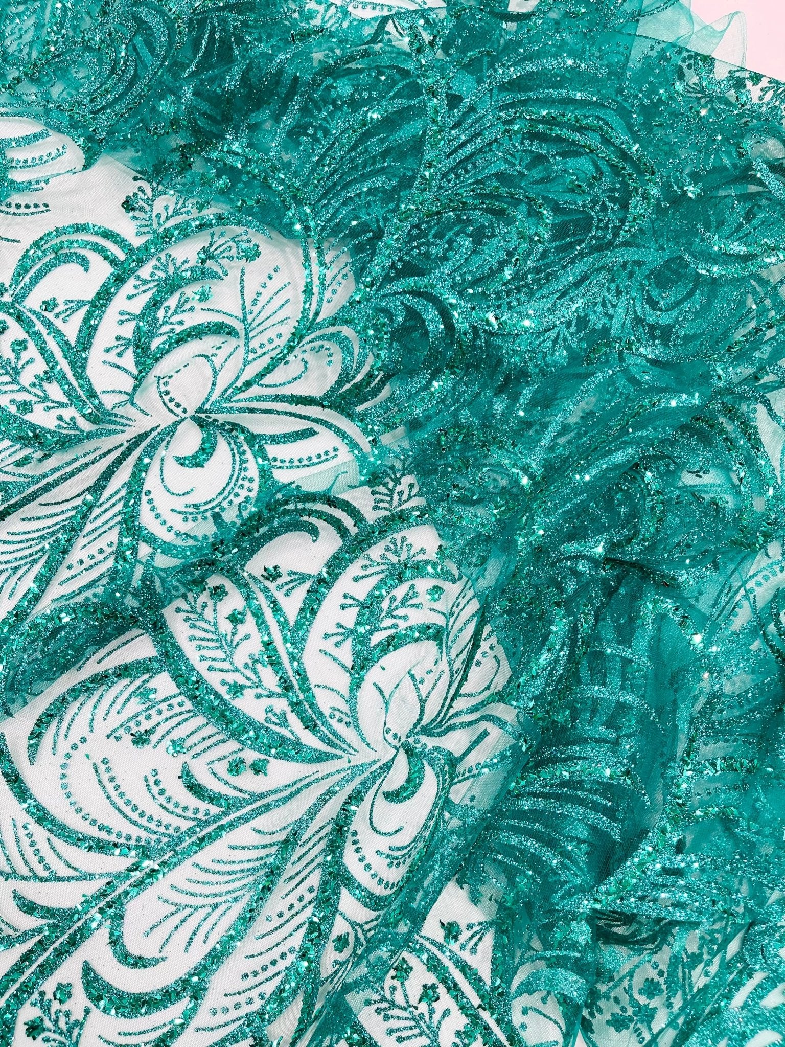 Palm Vine Glitter Design On A Mesh Lace 54" Wide| New Creations Fabric & Foam Inc. - New Creations Fabric & Foam Inc