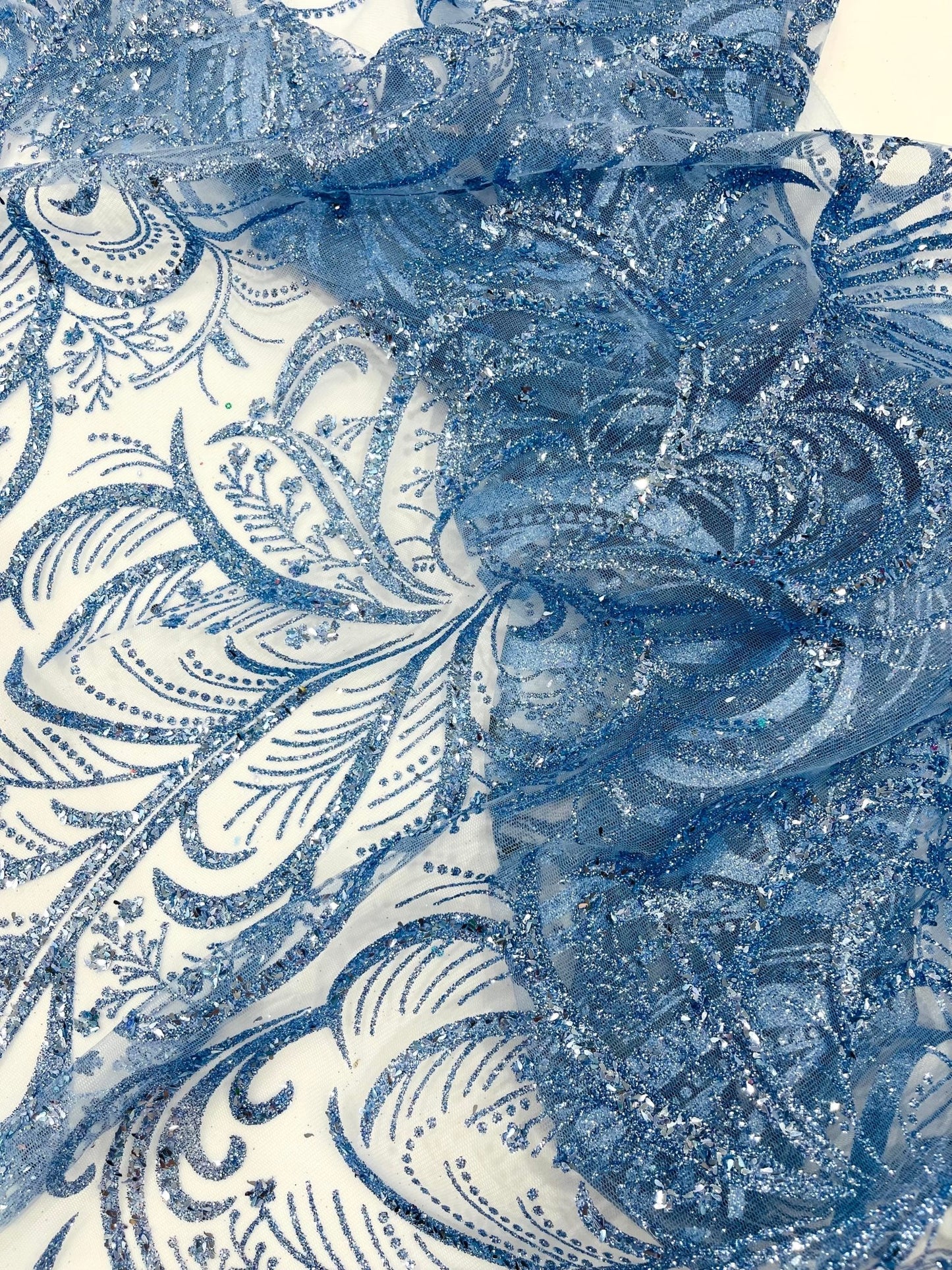 Palm Vine Glitter Design On A Mesh Lace 54" Wide| New Creations Fabric & Foam Inc. - New Creations Fabric & Foam Inc