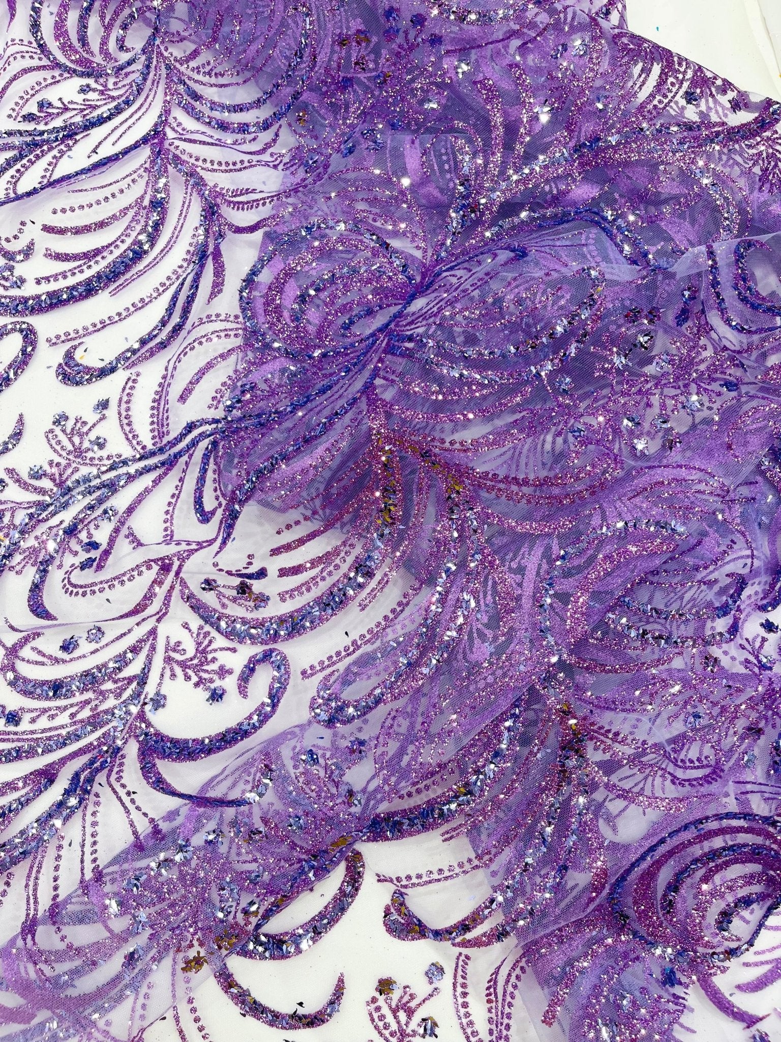 Palm Vine Glitter Design On A Mesh Lace 54" Wide| New Creations Fabric & Foam Inc. - New Creations Fabric & Foam Inc