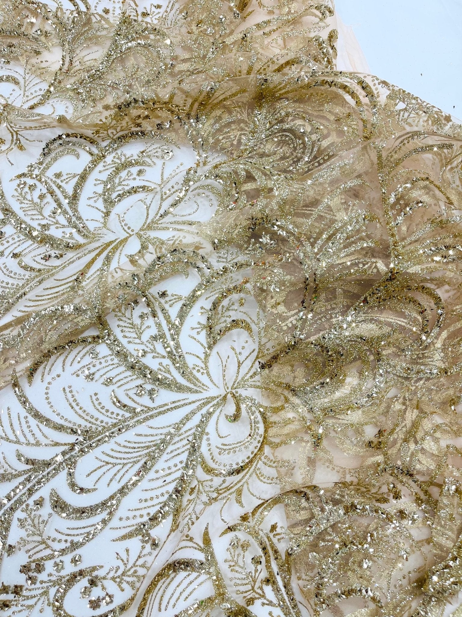 Palm Vine Glitter Design On A Mesh Lace 54" Wide| New Creations Fabric & Foam Inc. - New Creations Fabric & Foam Inc