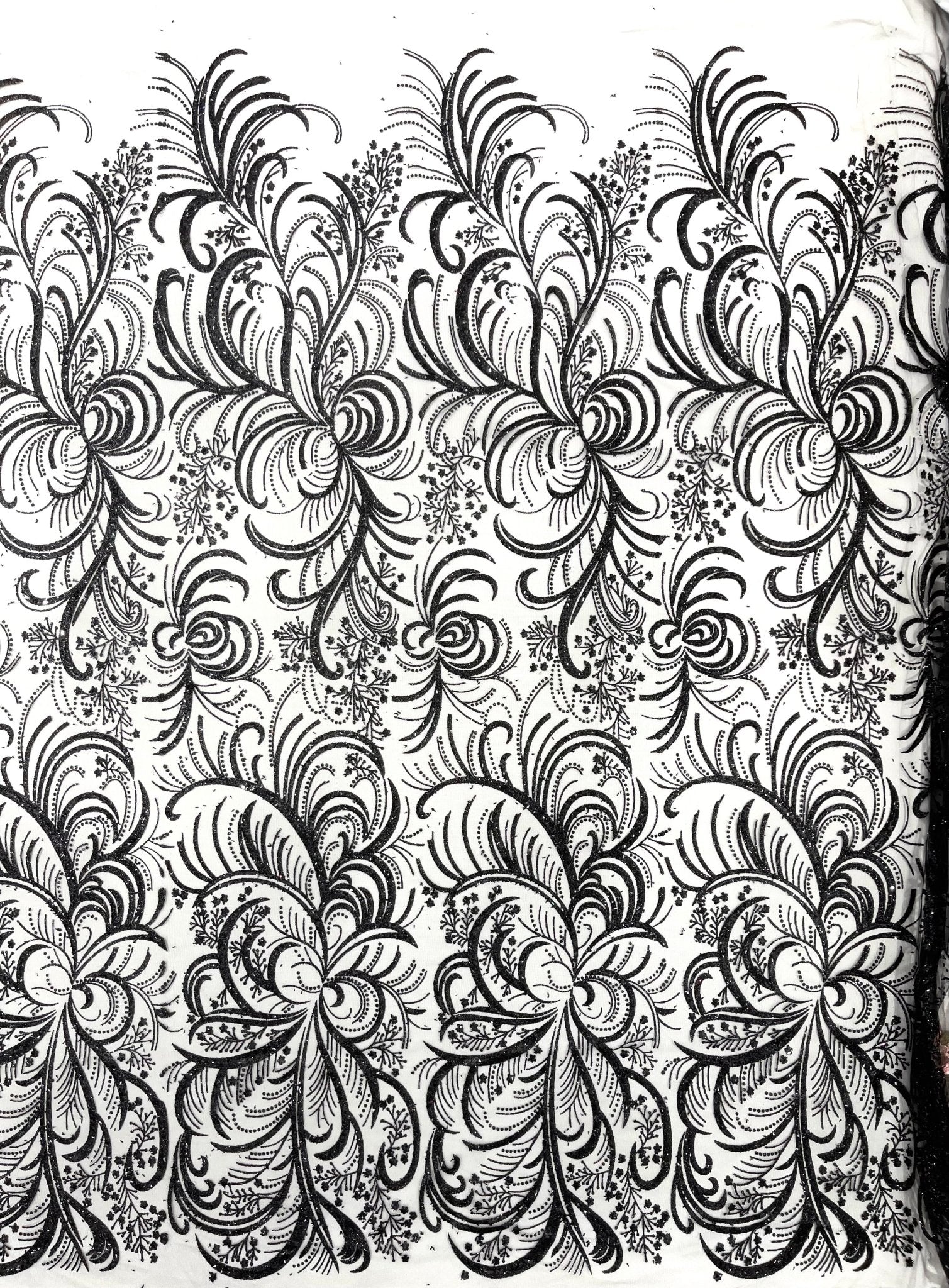 Palm Vine Glitter Design On A Mesh Lace 54" Wide| New Creations Fabric & Foam Inc. - New Creations Fabric & Foam Inc