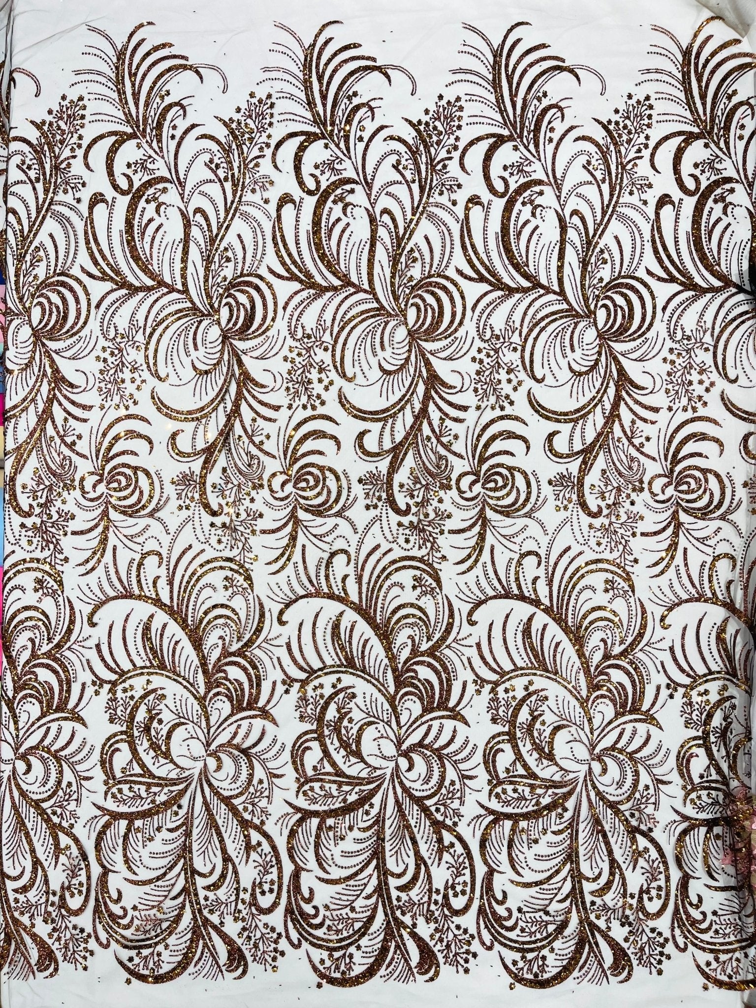 Palm Vine Glitter Design On A Mesh Lace 54" Wide| New Creations Fabric & Foam Inc. - New Creations Fabric & Foam Inc