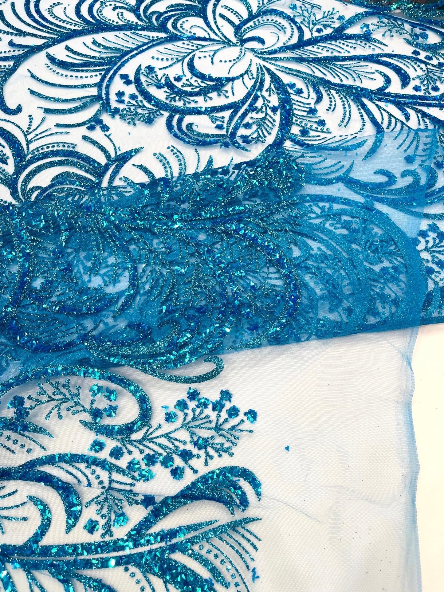 Palm Vine Glitter Design On A Mesh Lace 54" Wide| New Creations Fabric & Foam Inc. - New Creations Fabric & Foam Inc