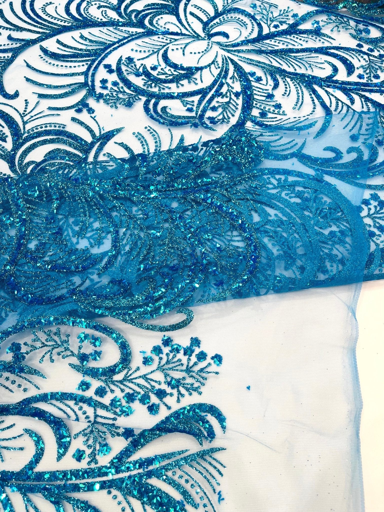 Palm Vine Glitter Design On A Mesh Lace 54" Wide| New Creations Fabric & Foam Inc. - New Creations Fabric & Foam Inc