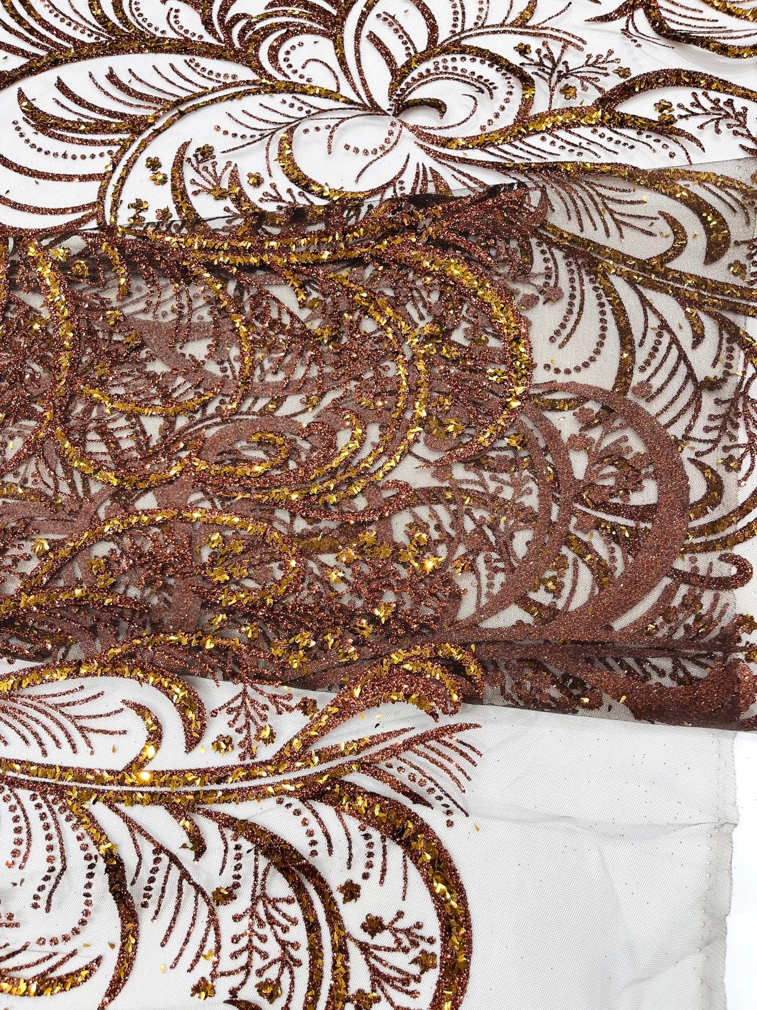 Palm Vine Glitter Design On A Mesh Lace 54" Wide| New Creations Fabric & Foam Inc. - New Creations Fabric & Foam Inc