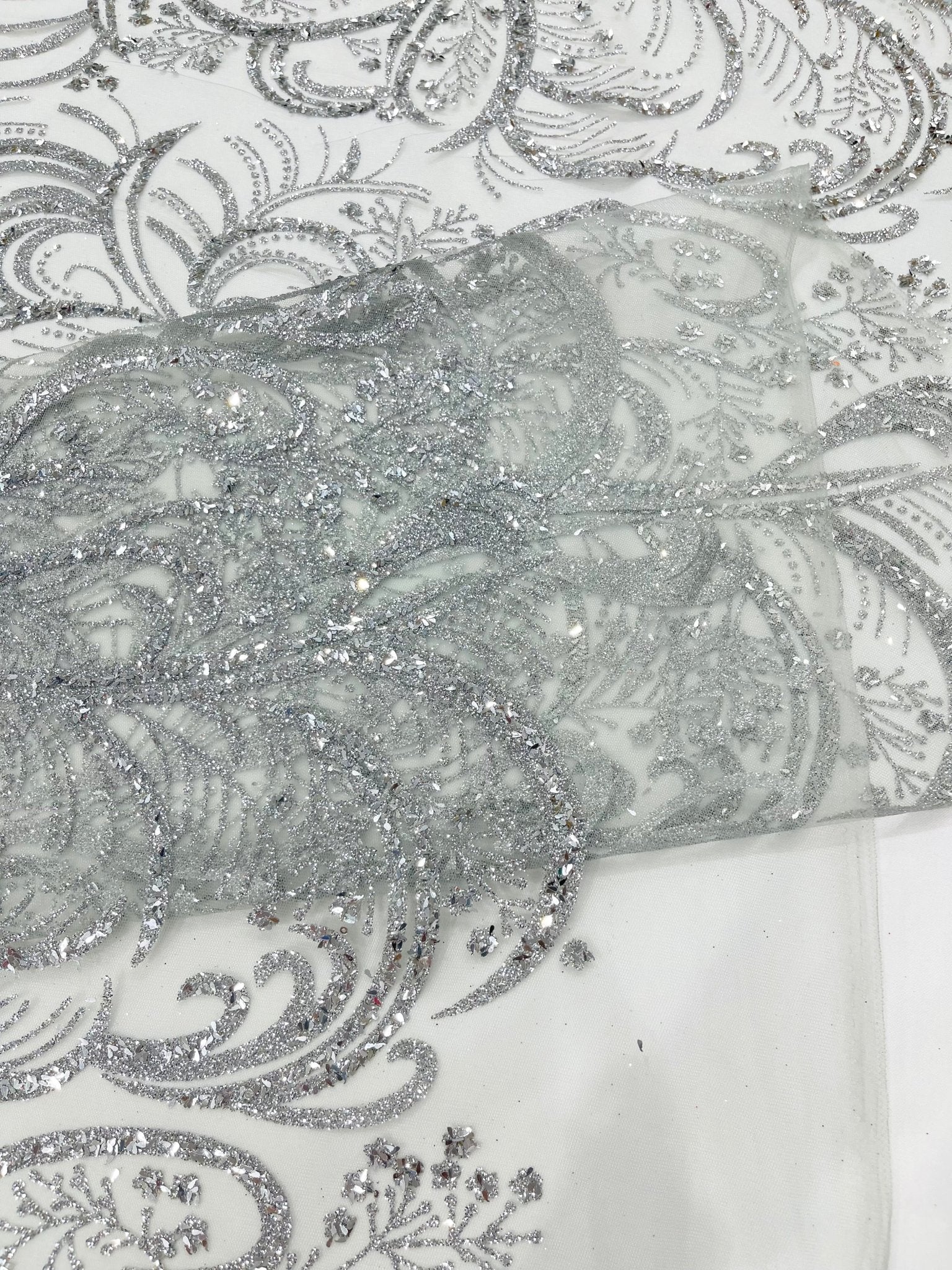Palm Vine Glitter Design On A Mesh Lace 54" Wide| New Creations Fabric & Foam Inc. - New Creations Fabric & Foam Inc