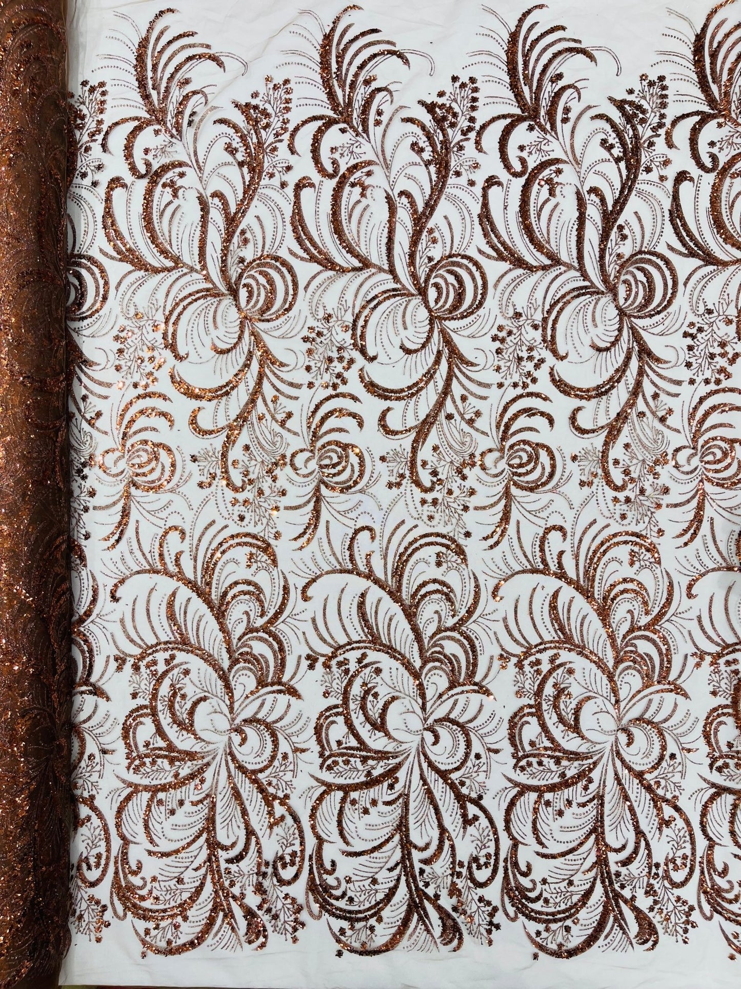 Palm Vine Glitter Design On A Mesh Lace 54" Wide| New Creations Fabric & Foam Inc. - New Creations Fabric & Foam Inc