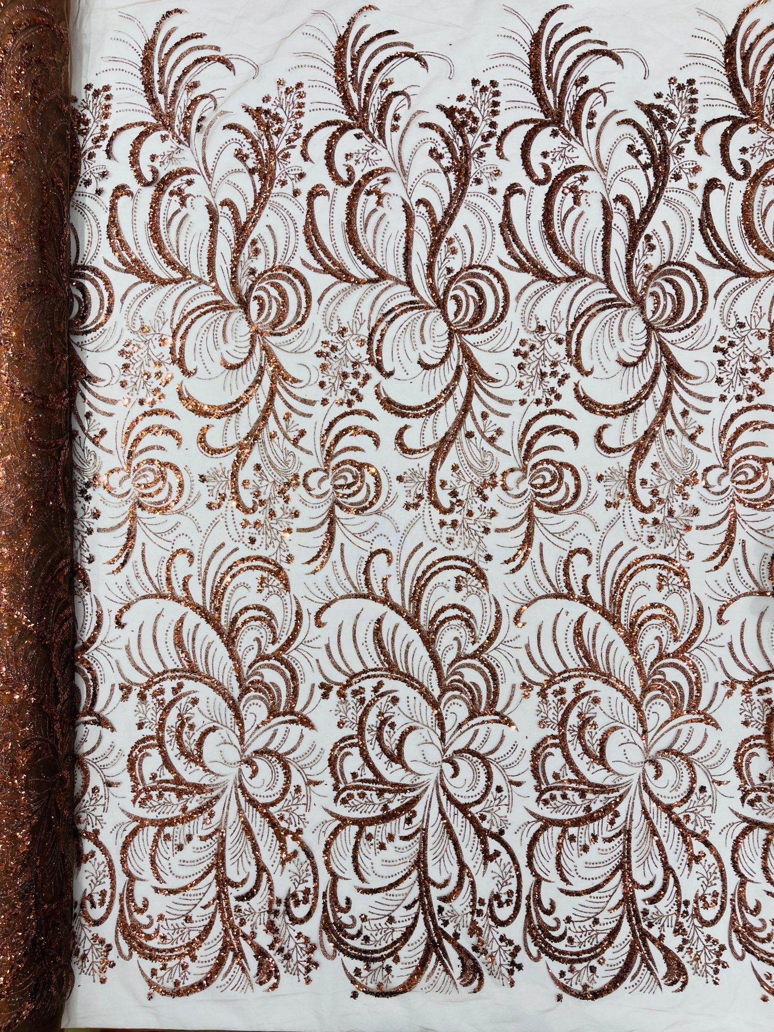 Palm Vine Glitter Design On A Mesh Lace 54" Wide| New Creations Fabric & Foam Inc. - New Creations Fabric & Foam Inc