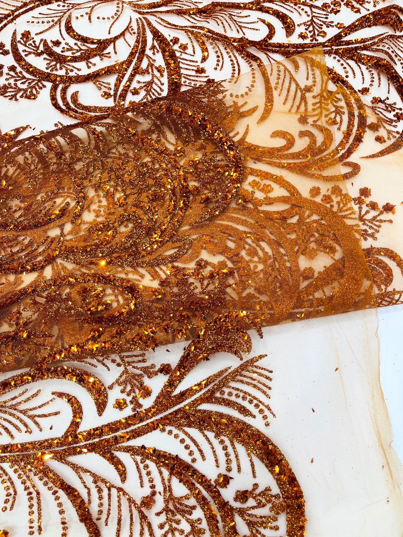 Palm Vine Glitter Design On A Mesh Lace 54" Wide| New Creations Fabric & Foam Inc. - New Creations Fabric & Foam Inc