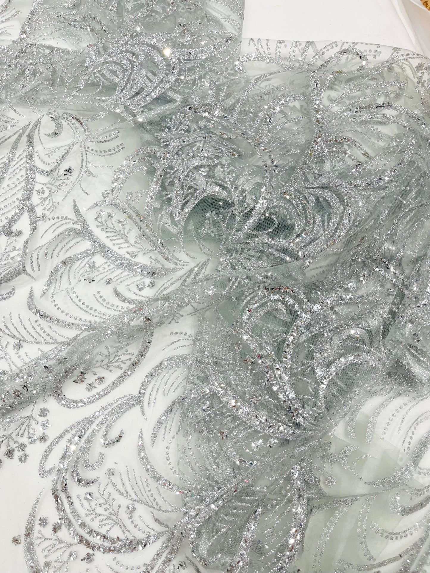 Palm Vine Glitter Design On A Mesh Lace 54" Wide| New Creations Fabric & Foam Inc. - New Creations Fabric & Foam Inc
