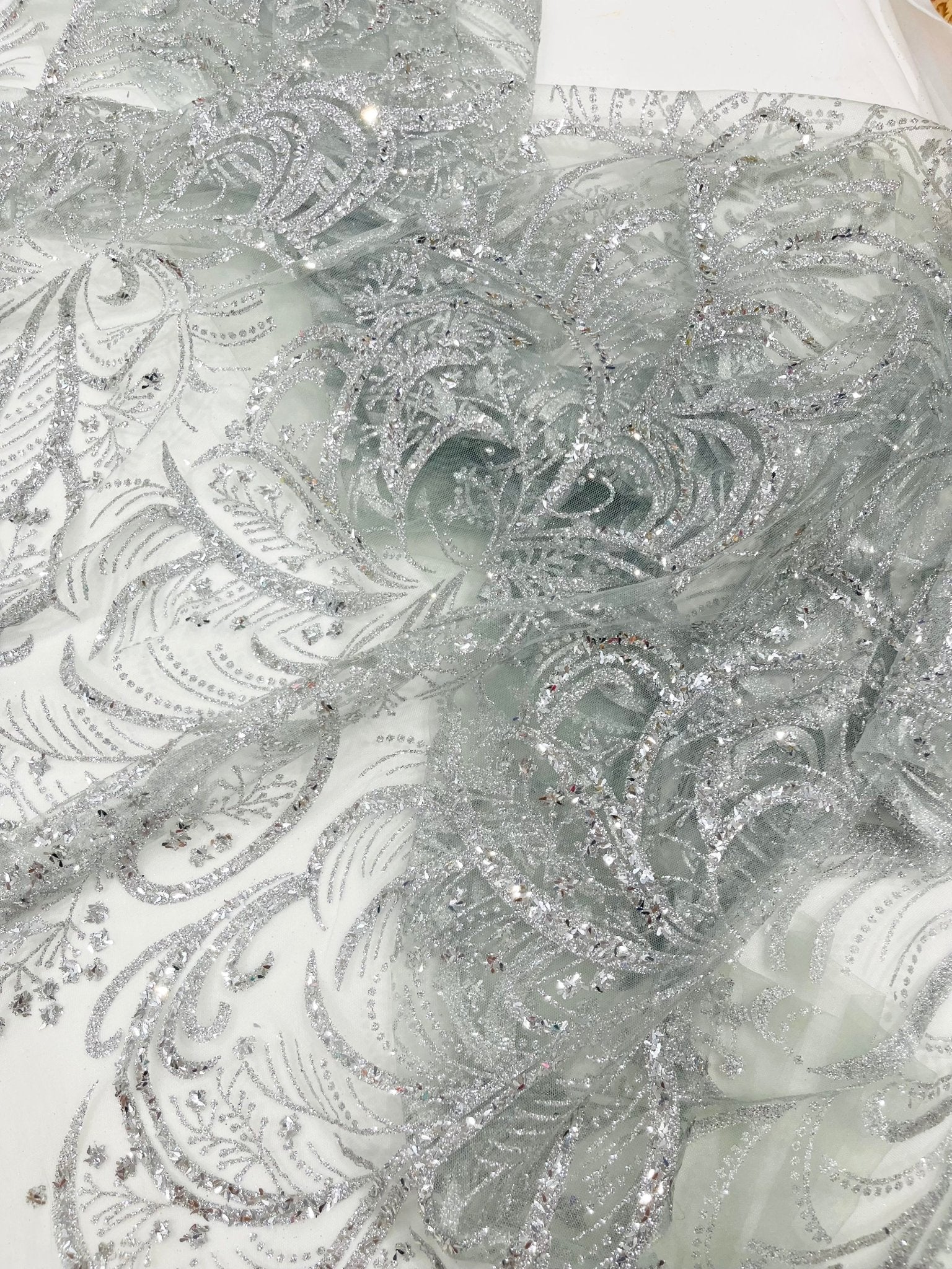 Palm Vine Glitter Design On A Mesh Lace 54" Wide| New Creations Fabric & Foam Inc. - New Creations Fabric & Foam Inc