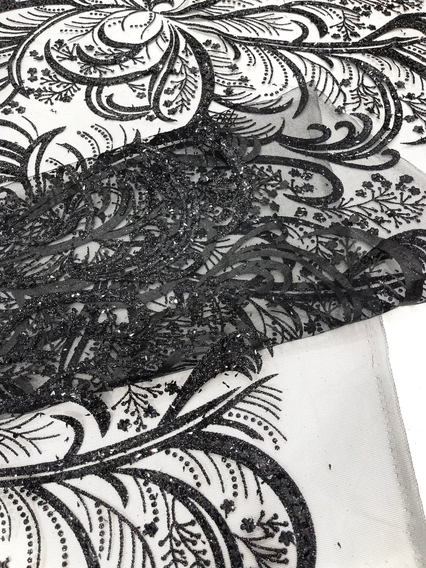 Palm Vine Glitter Design On A Mesh Lace 54" Wide| New Creations Fabric & Foam Inc. - New Creations Fabric & Foam Inc