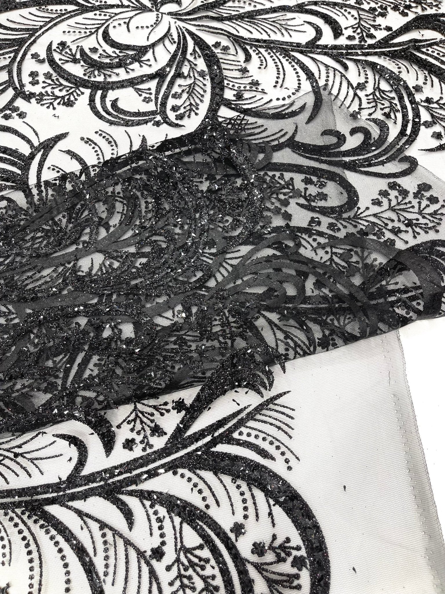 Palm Vine Glitter Design On A Mesh Lace 54" Wide| New Creations Fabric & Foam Inc. - New Creations Fabric & Foam Inc