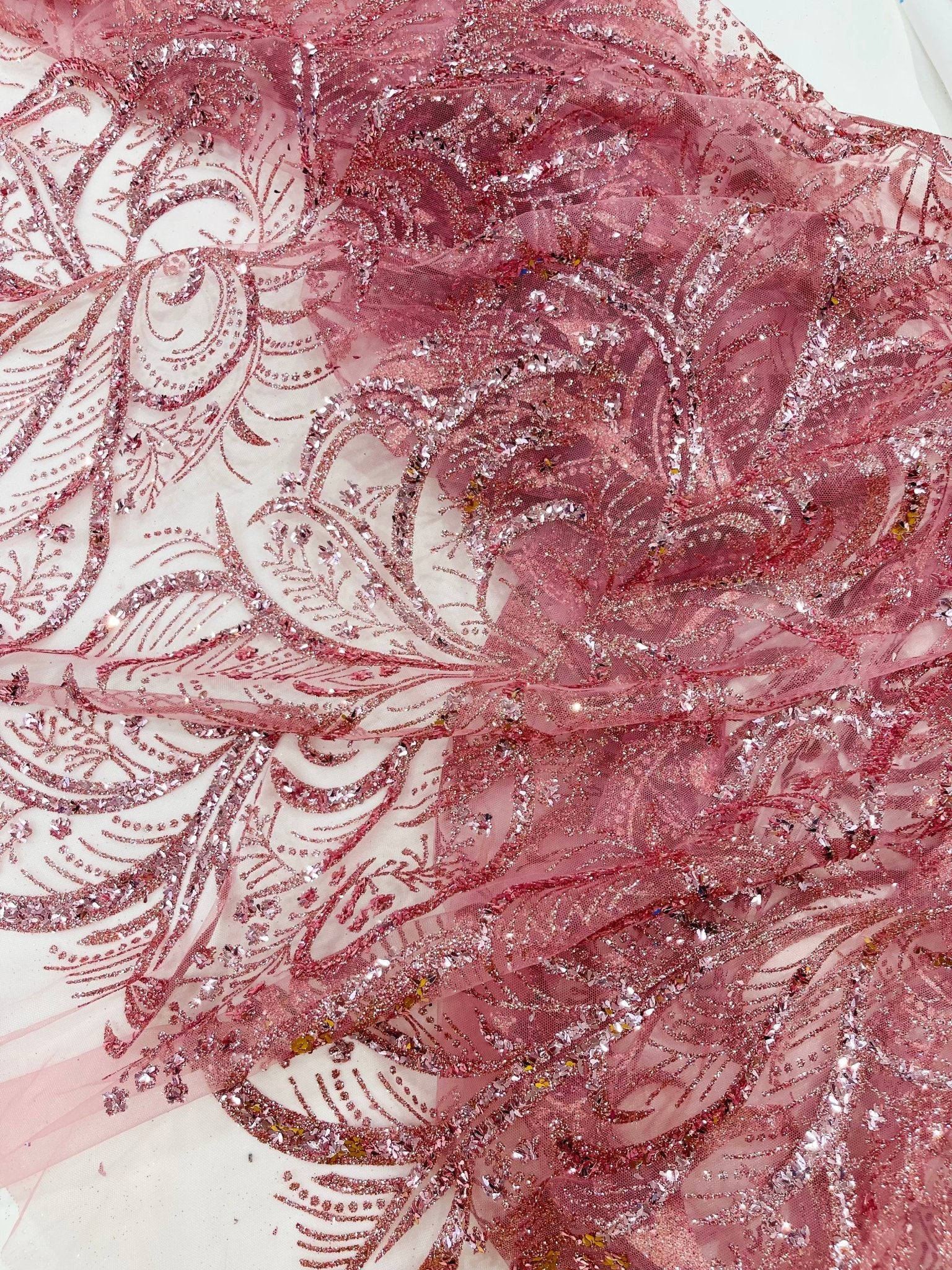 Palm Vine Glitter Design On A Mesh Lace 54" Wide| New Creations Fabric & Foam Inc. - New Creations Fabric & Foam Inc