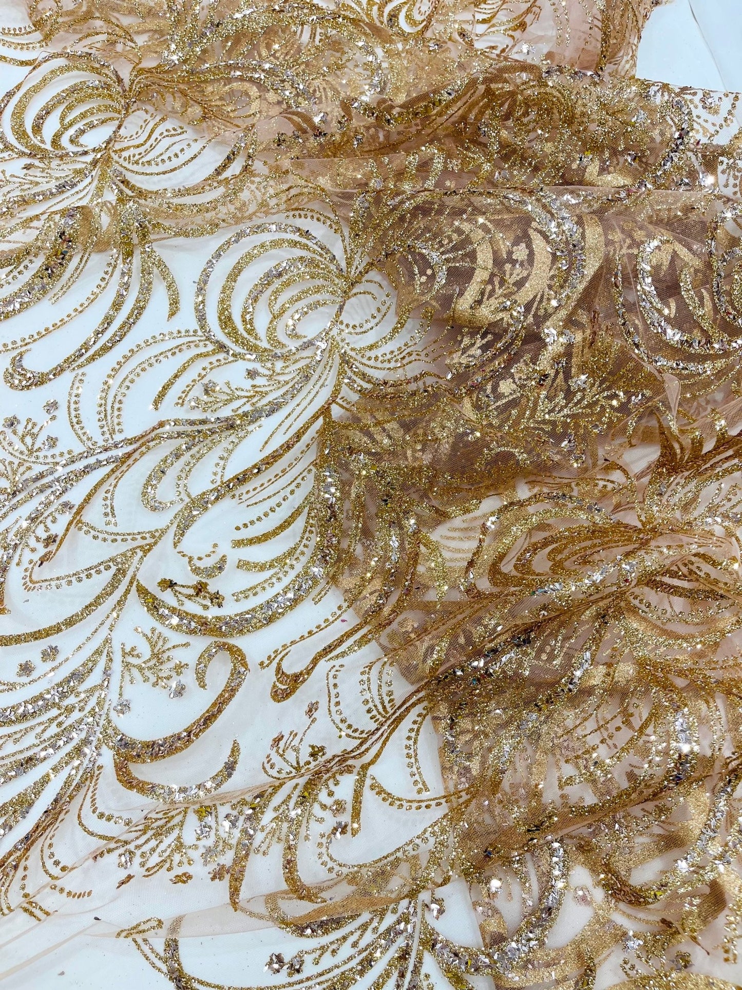 Palm Vine Glitter Design On A Mesh Lace 54" Wide| New Creations Fabric & Foam Inc. - New Creations Fabric & Foam Inc