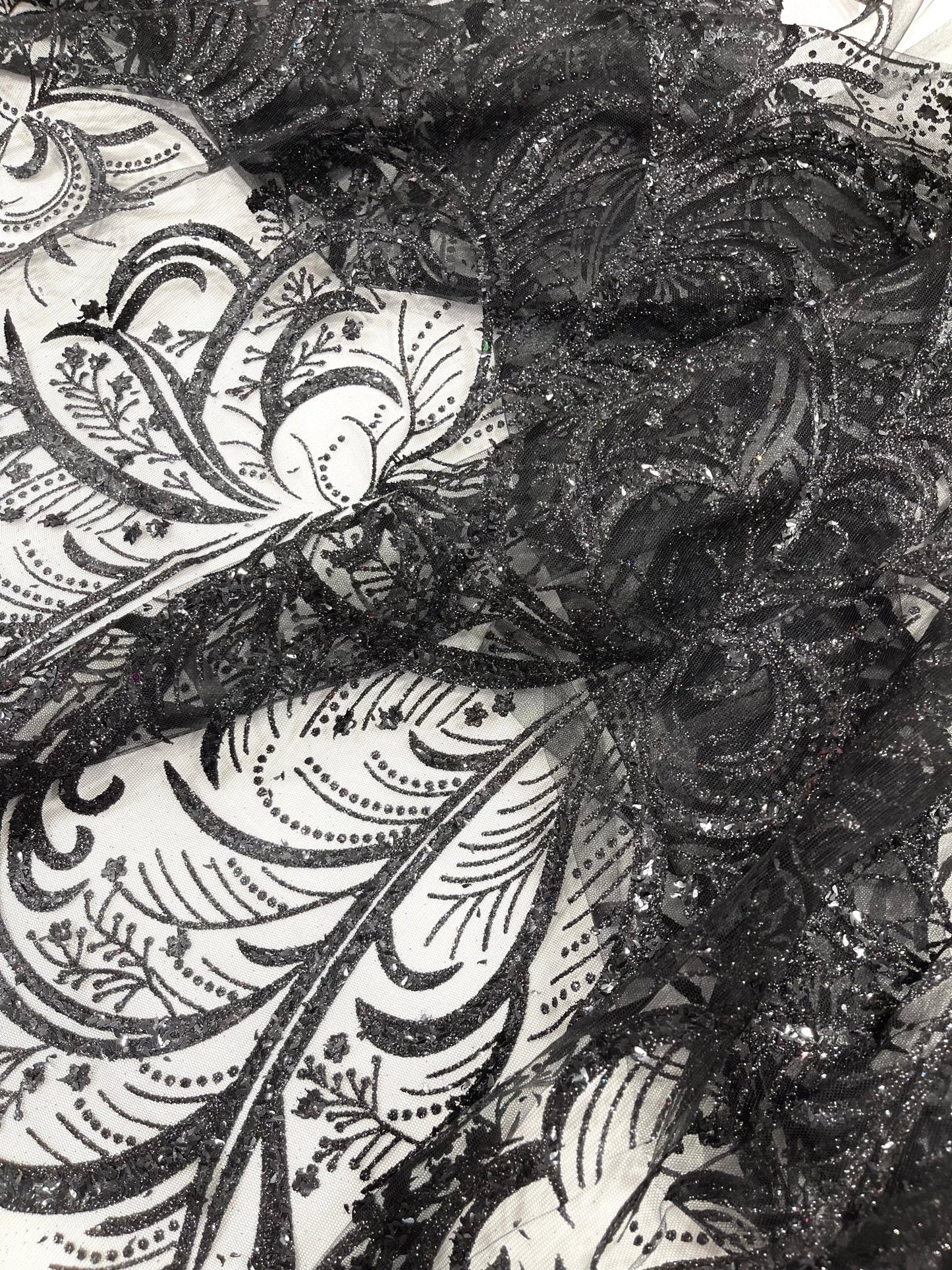 Palm Vine Glitter Design On A Mesh Lace 54" Wide| New Creations Fabric & Foam Inc. - New Creations Fabric & Foam Inc