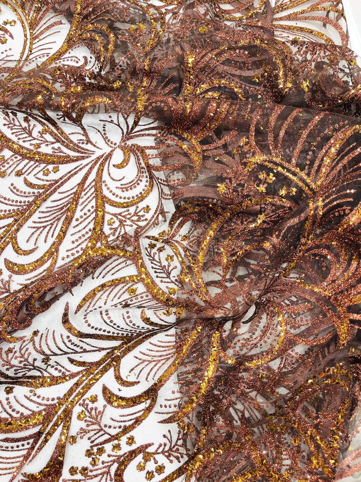 Palm Vine Glitter Design On A Mesh Lace 54" Wide| New Creations Fabric & Foam Inc. - New Creations Fabric & Foam Inc