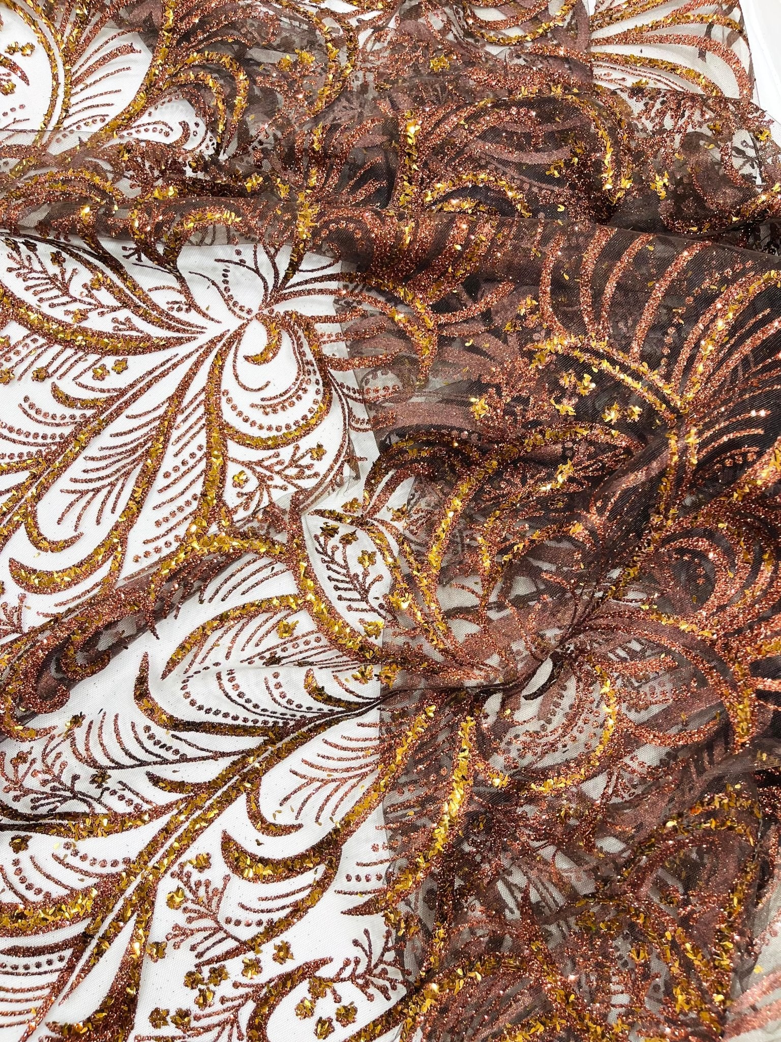 Palm Vine Glitter Design On A Mesh Lace 54" Wide| New Creations Fabric & Foam Inc. - New Creations Fabric & Foam Inc