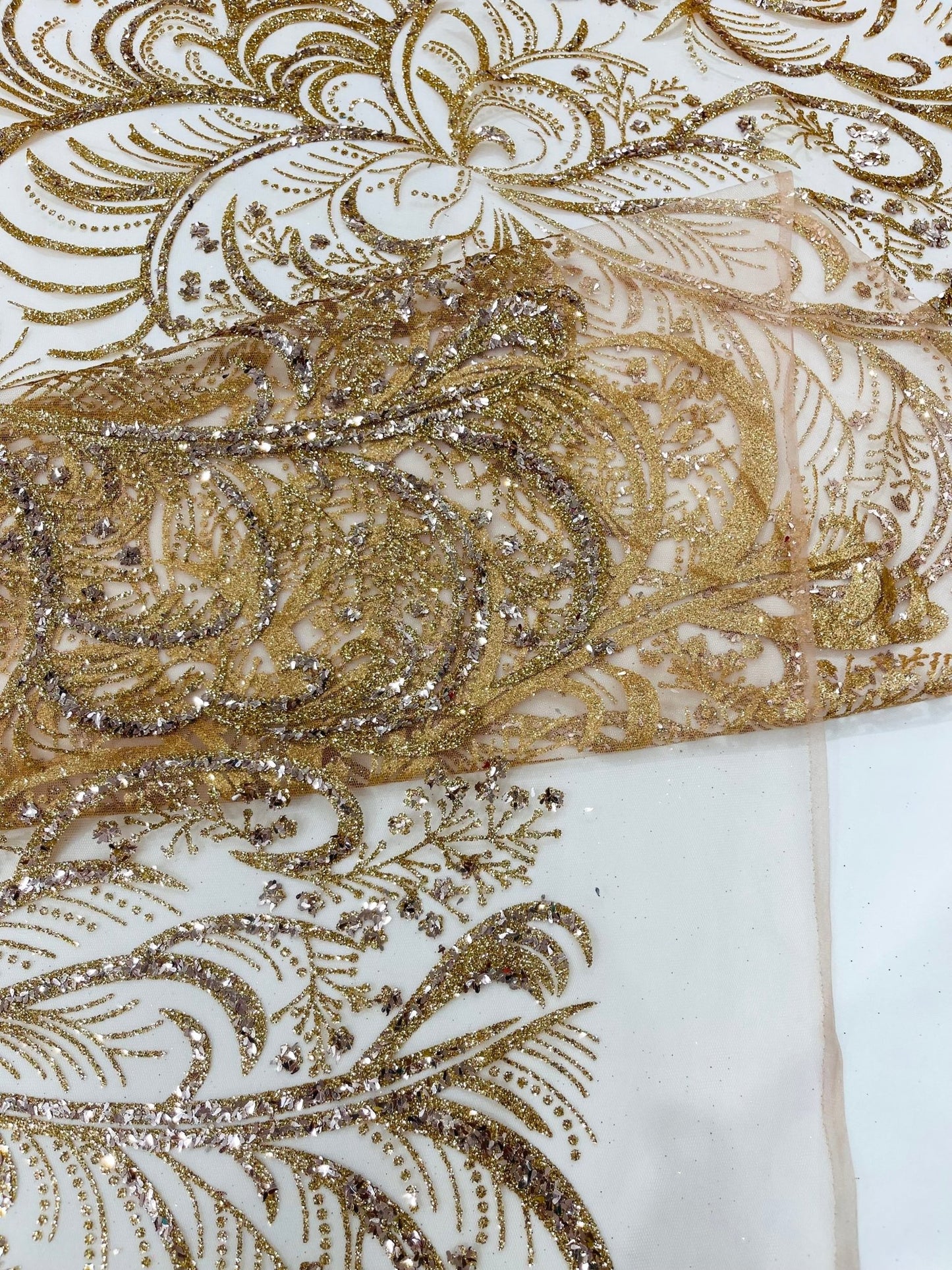 Palm Vine Glitter Design On A Mesh Lace 54" Wide| New Creations Fabric & Foam Inc. - New Creations Fabric & Foam Inc